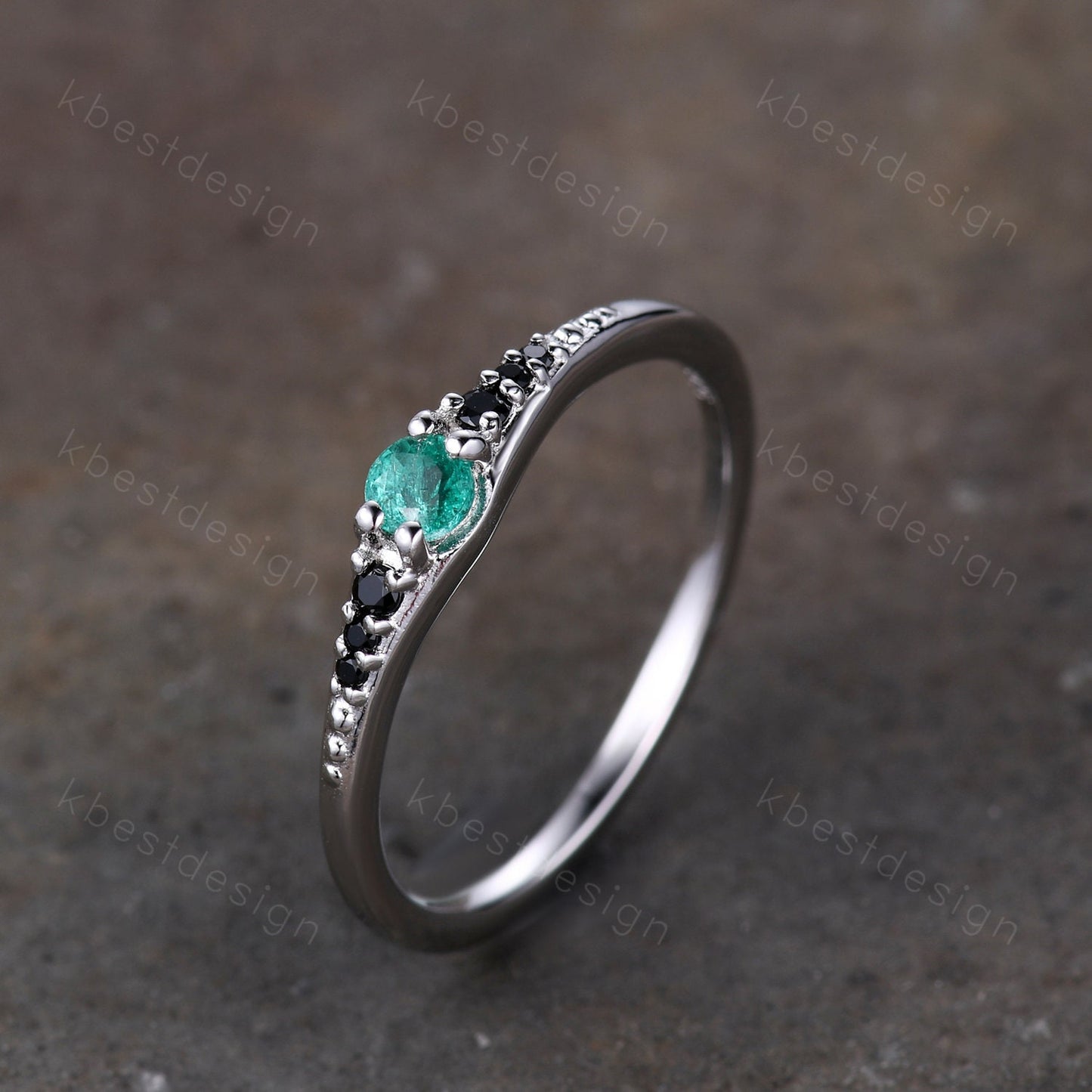 Natural emerald ring delicate emerald and black diamond stacking gemstone ring sterling silver ring emerald wedding band Women gift