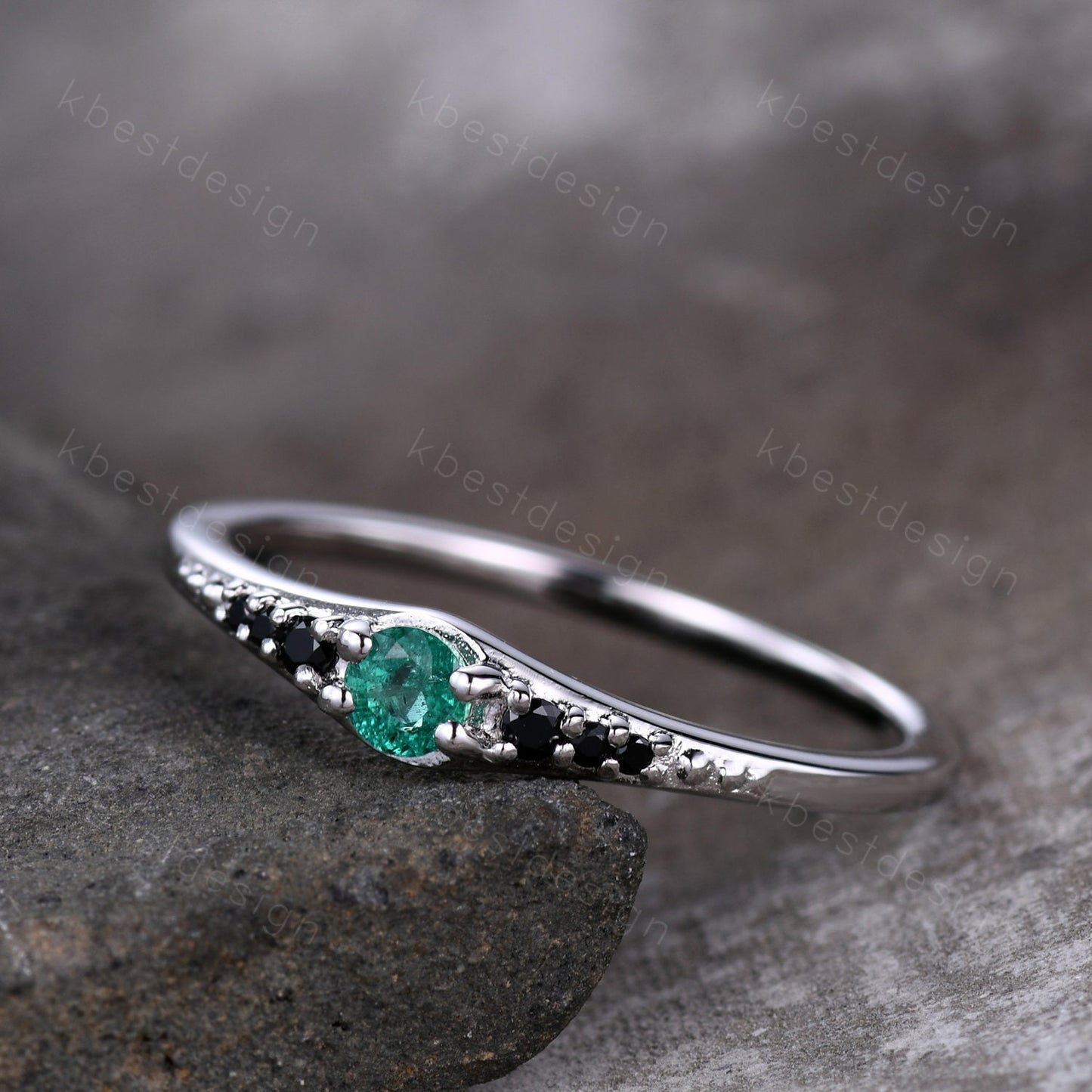 Natural emerald ring delicate emerald and black diamond stacking gemstone ring sterling silver ring emerald wedding band Women gift