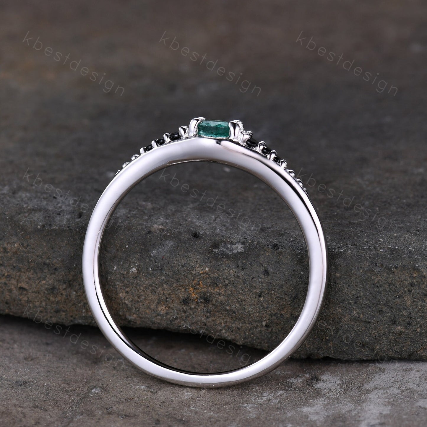 Natural emerald ring delicate emerald and black diamond stacking gemstone ring sterling silver ring emerald wedding band Women gift
