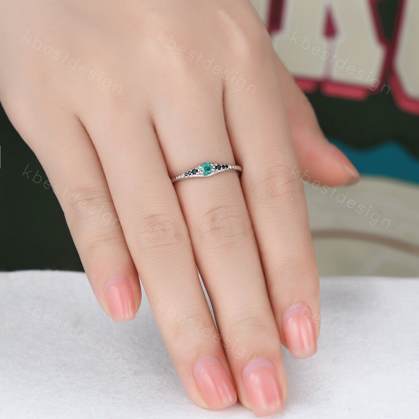 Natural emerald ring delicate emerald and black diamond stacking gemstone ring sterling silver ring emerald wedding band Women gift