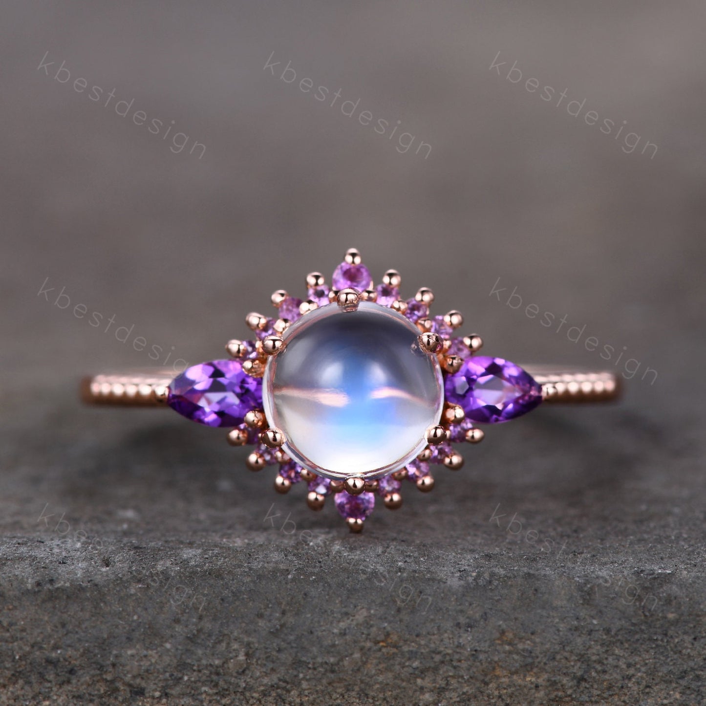 Vintage Moonstone engagement ring unique rose gold engagement ring for women Pear shaped amethyst ring Bridal Promise ring Anniversary Gift