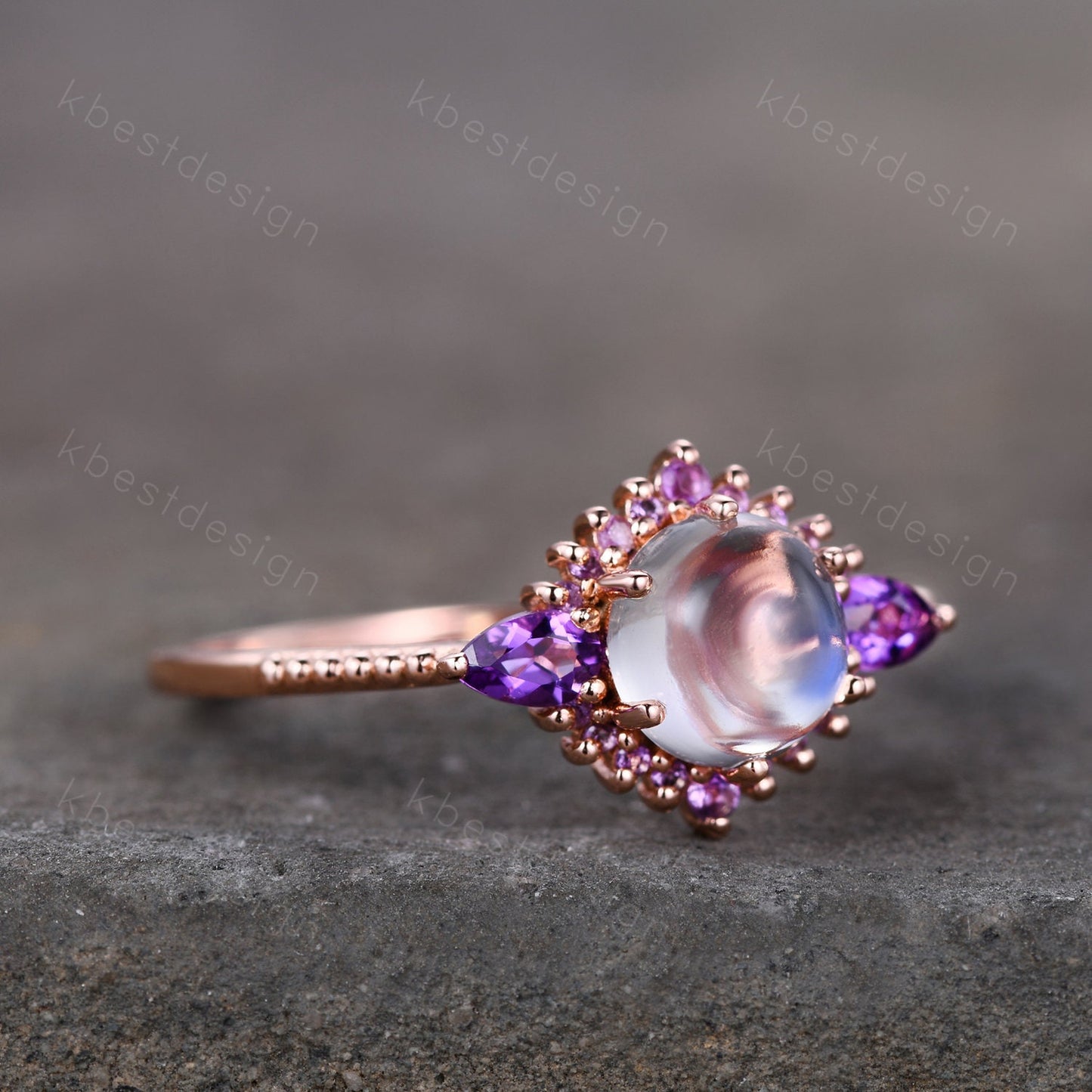 Vintage Moonstone engagement ring unique rose gold engagement ring for women Pear shaped amethyst ring Bridal Promise ring Anniversary Gift
