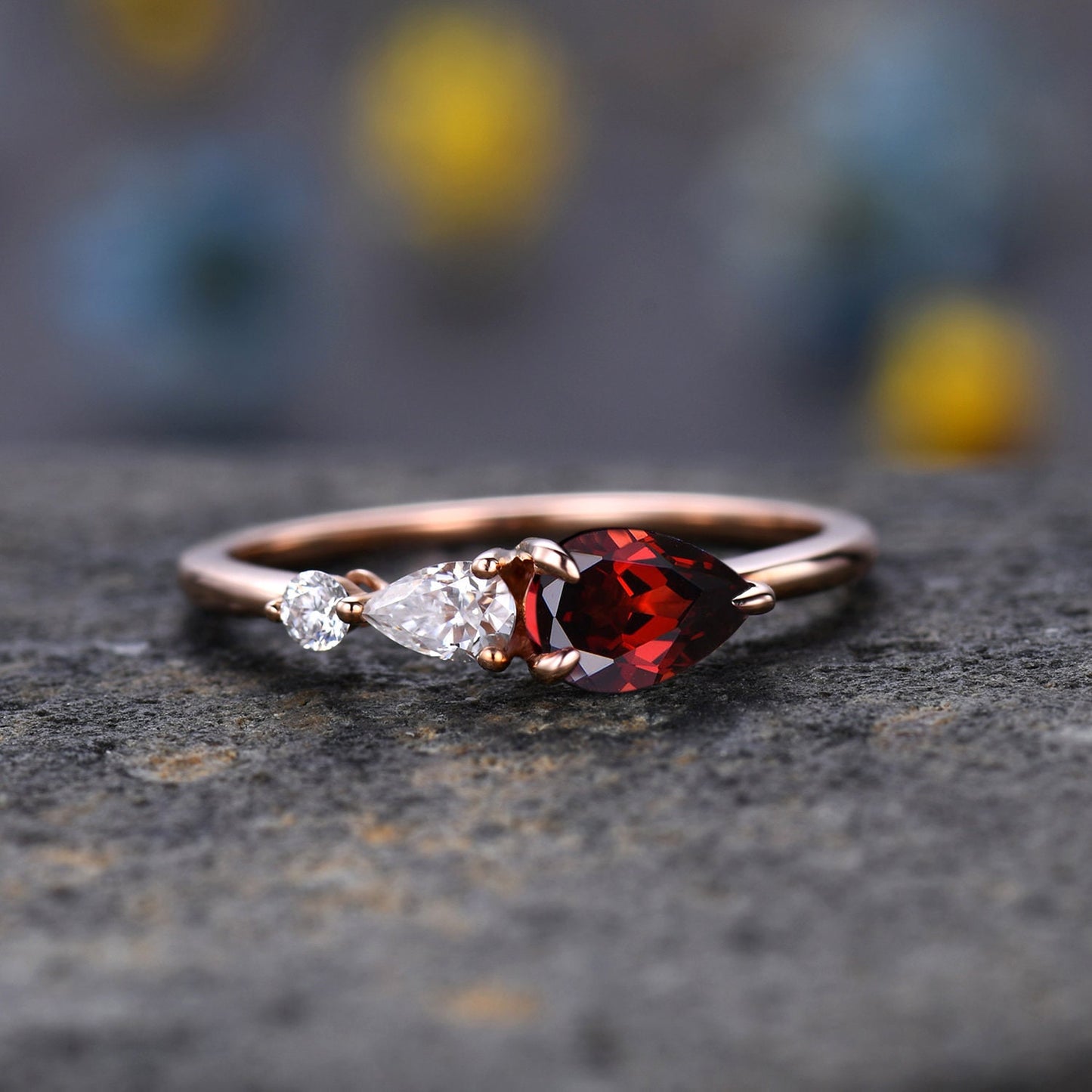 Vintage Red Ruby Ring Engagement Ring,Pear Cut Gems,Art Deco Moissanite Wedding Band,3 Stone Unique Women Bridal Promise Ring,Rose gold