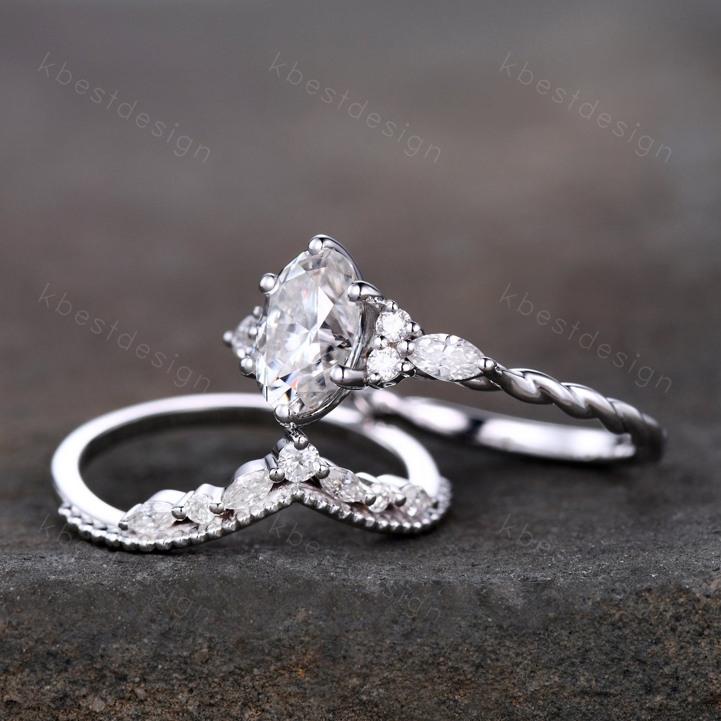 Oval Moissanite engagement ring vintage unique Cluster white gold engagement ring women Marquise stacking matching band Bridal Promise Ring