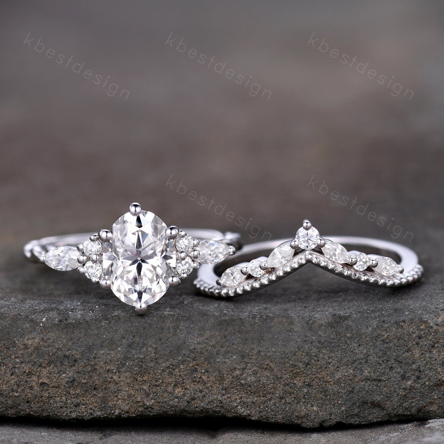 Oval Moissanite engagement ring vintage unique Cluster white gold engagement ring women Marquise stacking matching band Bridal Promise Ring