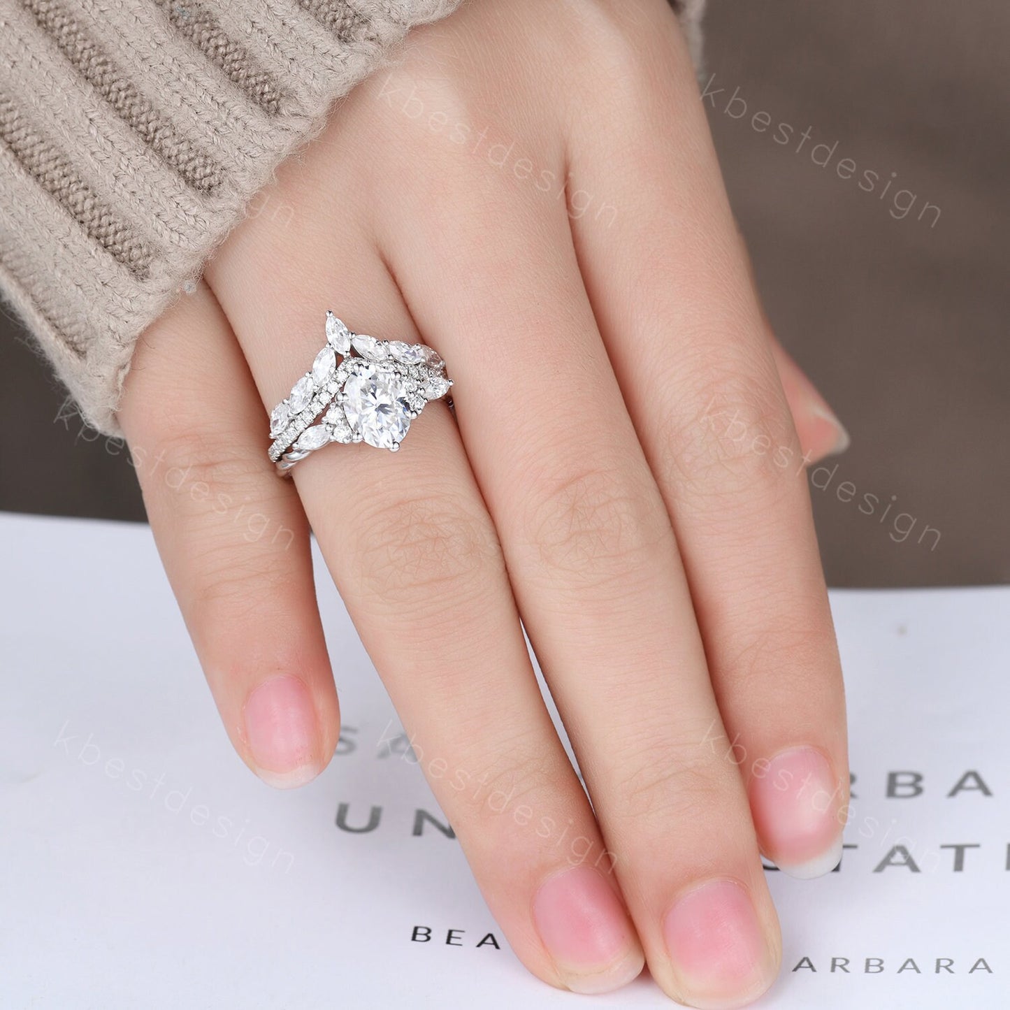 Oval cut moissanite engagement ring set vintage white gold Cluster engagement ring Marquise Art Deco Moissanite Wedding Ring Set Gift