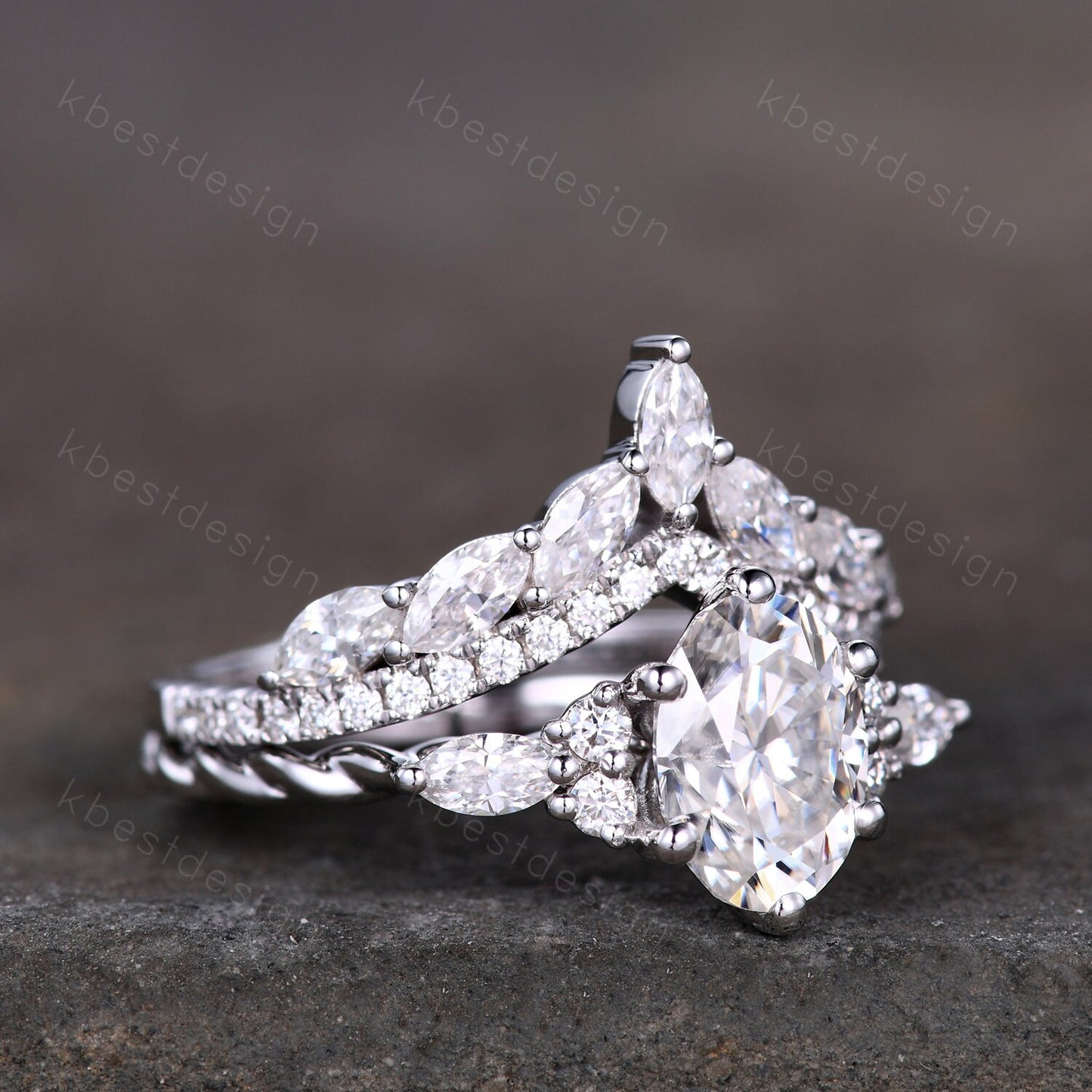 Oval cut moissanite engagement ring set vintage white gold Cluster engagement ring Marquise Art Deco Moissanite Wedding Ring Set Gift