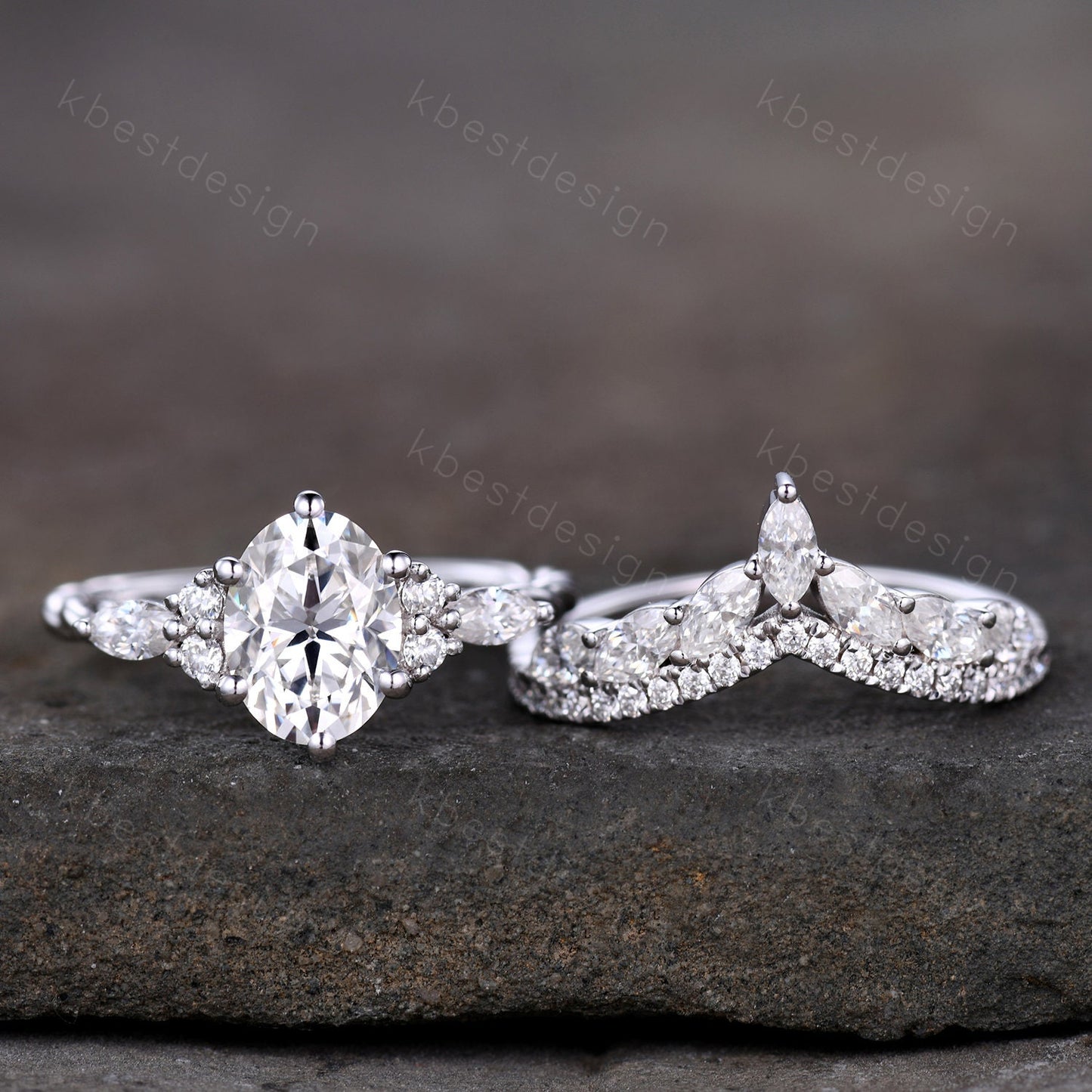 Oval cut moissanite engagement ring set vintage white gold Cluster engagement ring Marquise Art Deco Moissanite Wedding Ring Set Gift