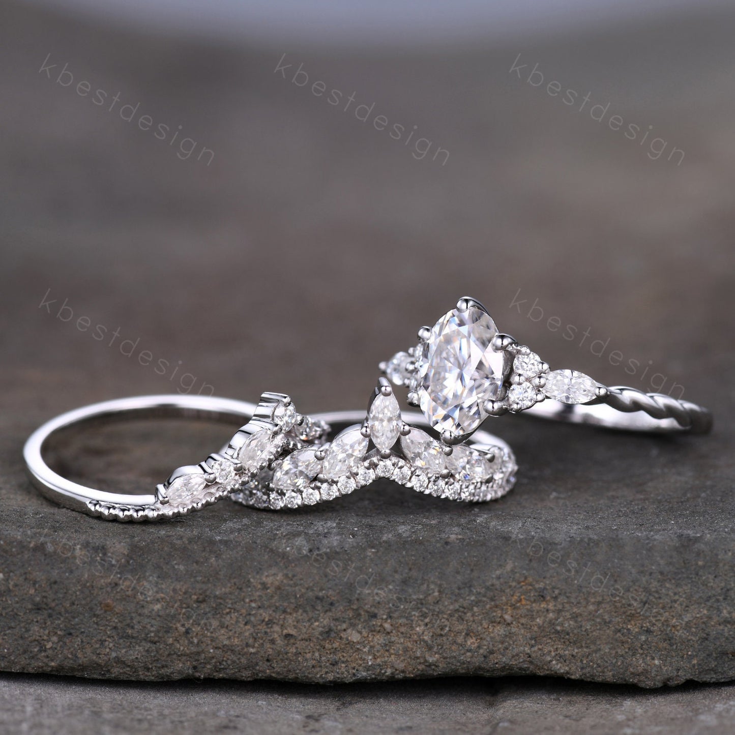 Vintage Moissanite Engagement Ring Set White Gold Oval Shaped Cluster Moissanite Bridal Set Art Deco Moissanite Wedding Ring Set Women Gift