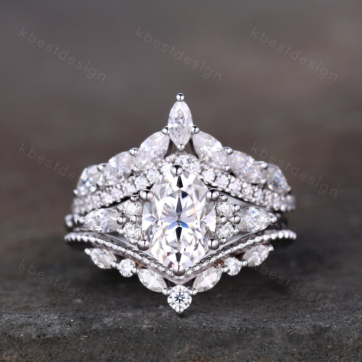 Vintage Moissanite Engagement Ring Set White Gold Oval Shaped Cluster Moissanite Bridal Set Art Deco Moissanite Wedding Ring Set Women Gift