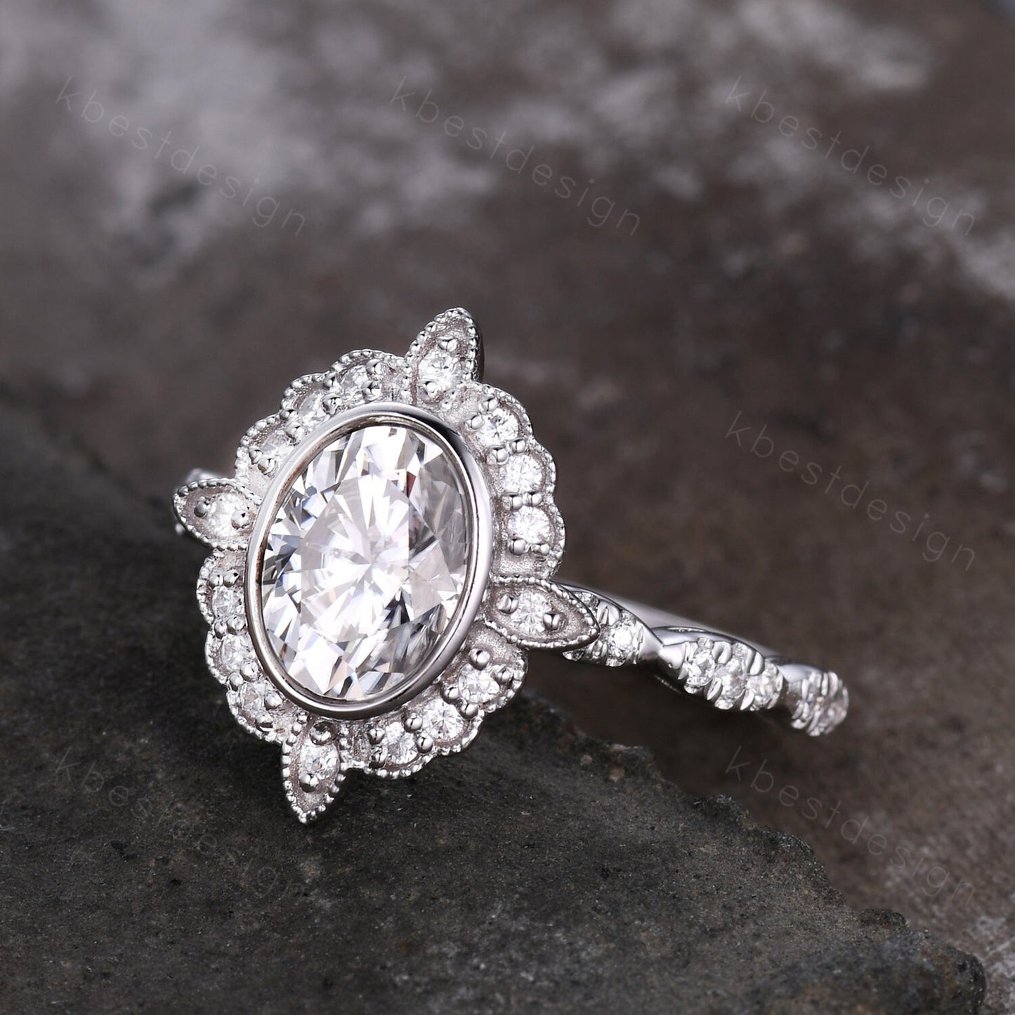 1.5CT Oval Moissanite engagement ring vintage unique halo white gold engagement women art deco wedding Bridal Ring Promise Anniversary ring