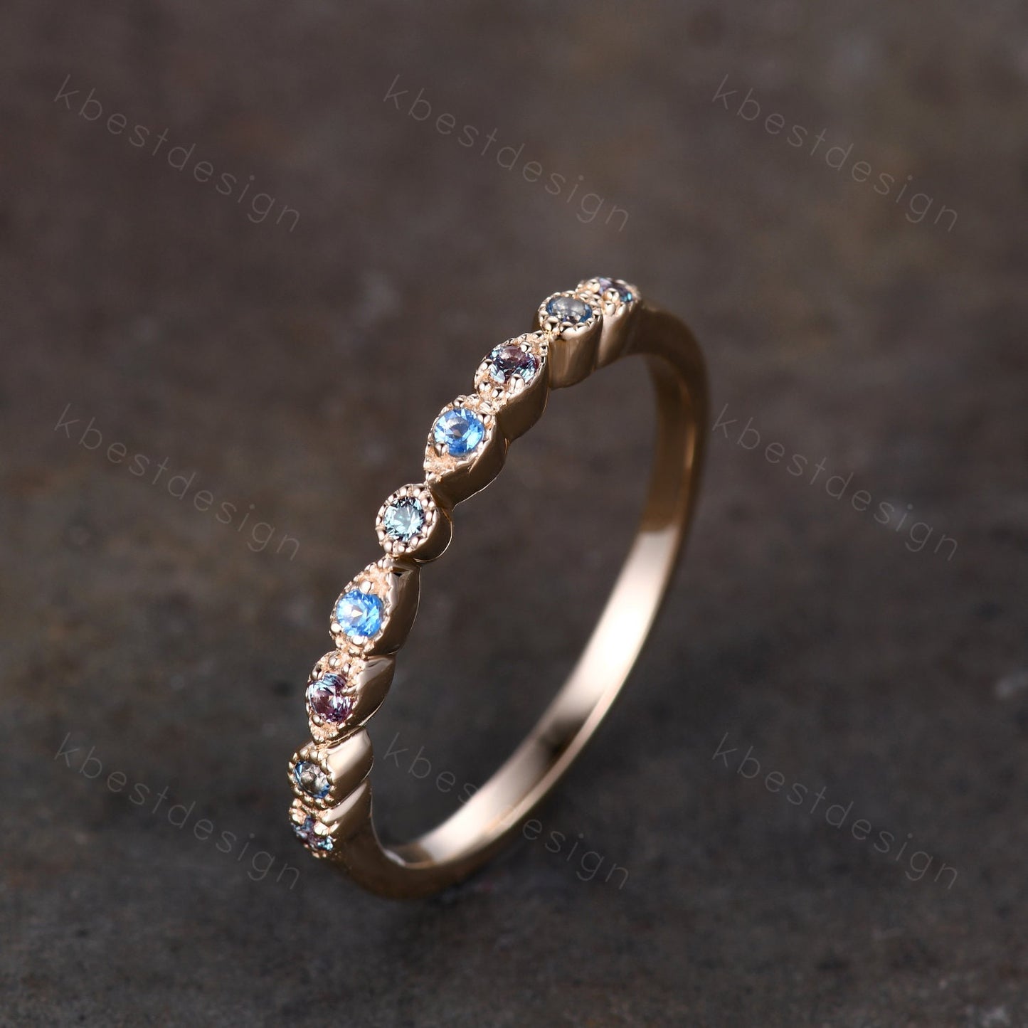 Alexandrite and Blue Topaz Ring, Alexandrite Wedding Band, June Birthstone Ring, Art Deco Stackable Ring, Anniversary Ring, Gift For Her