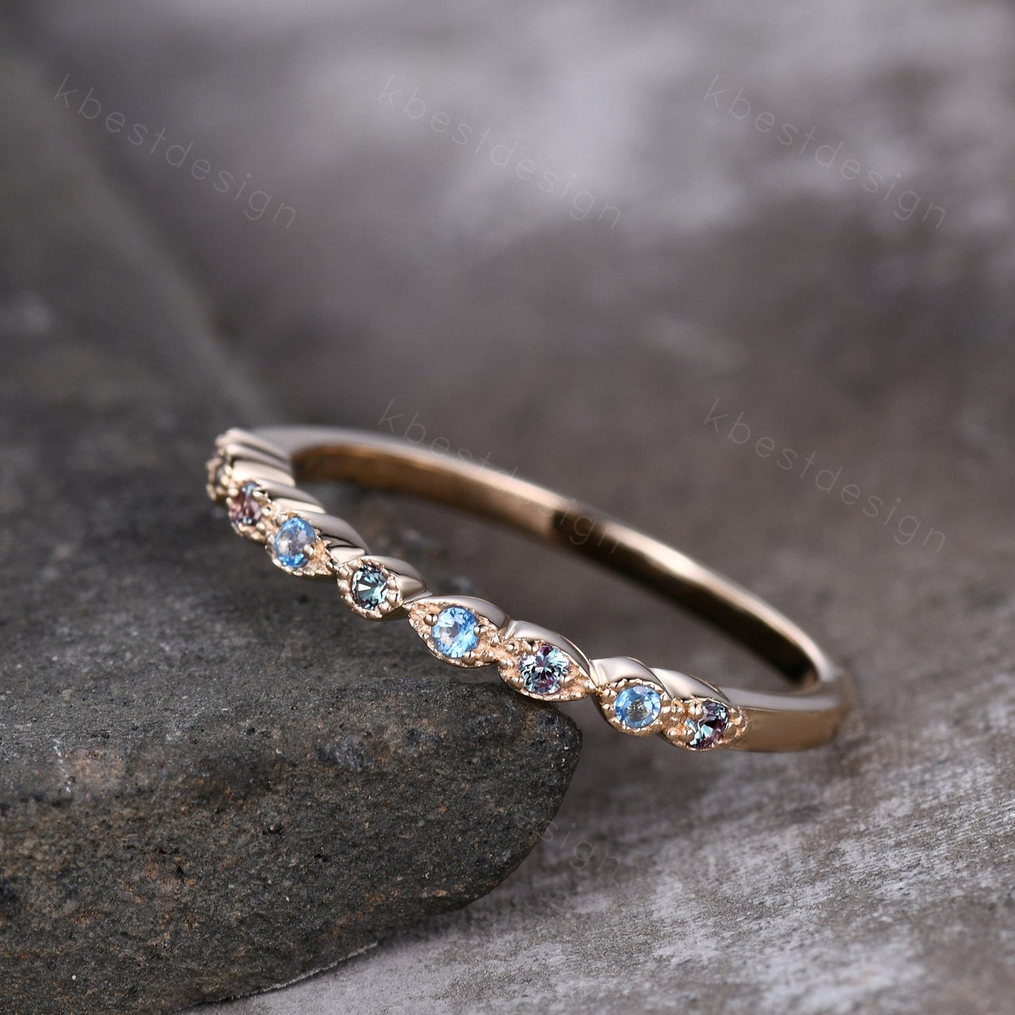 Alexandrite and Blue Topaz Ring, Alexandrite Wedding Band, June Birthstone Ring, Art Deco Stackable Ring, Anniversary Ring, Gift For Her