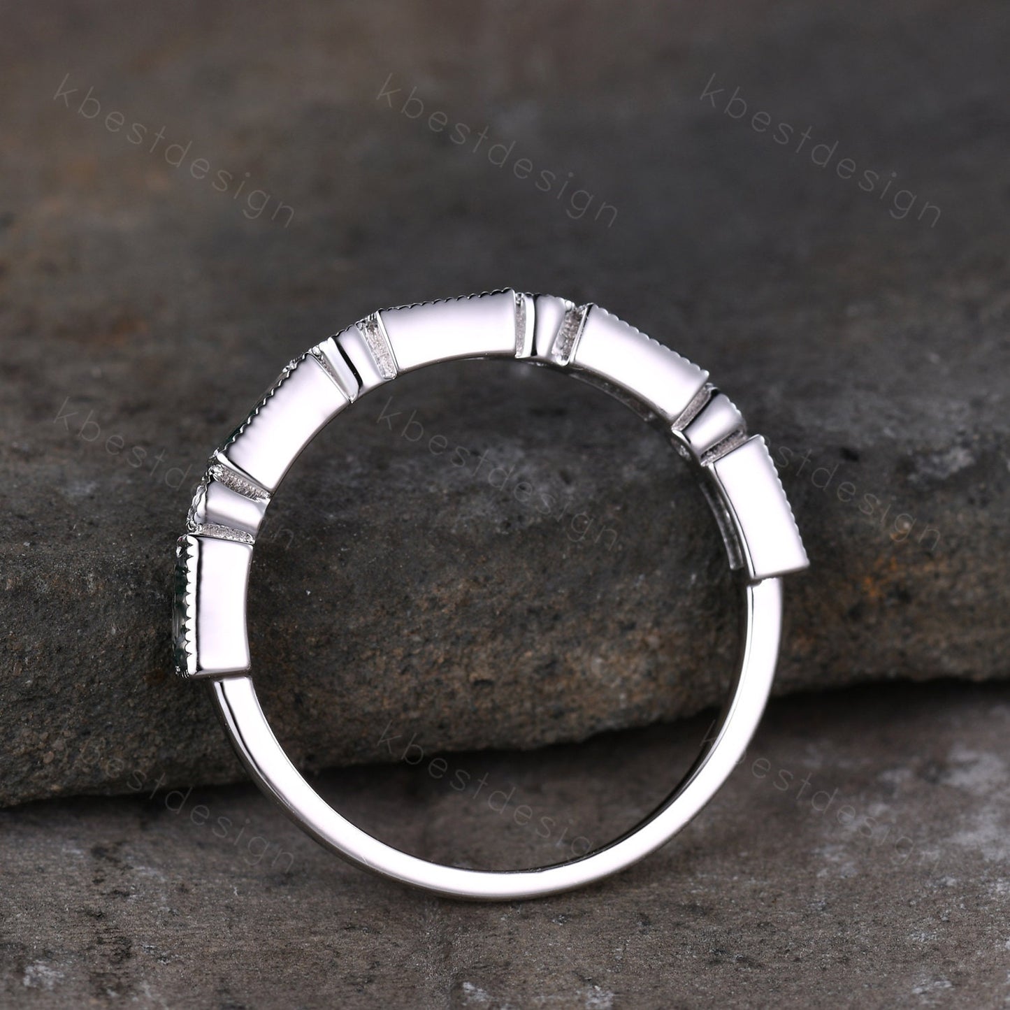 Moss Agate Wedding Band Half Eternity Baguette Moss Agate Band Art Deco Stacking Wedding Ring Anniversary Ring Sterling Silver Rose Gold