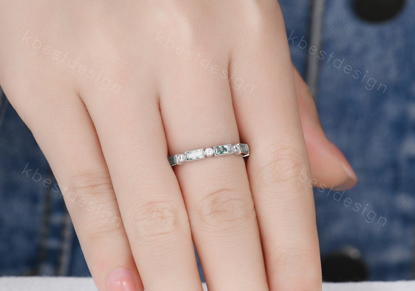 Moss Agate Wedding Band Half Eternity Baguette Moss Agate Band Art Deco Stacking Wedding Ring Anniversary Ring Sterling Silver Rose Gold