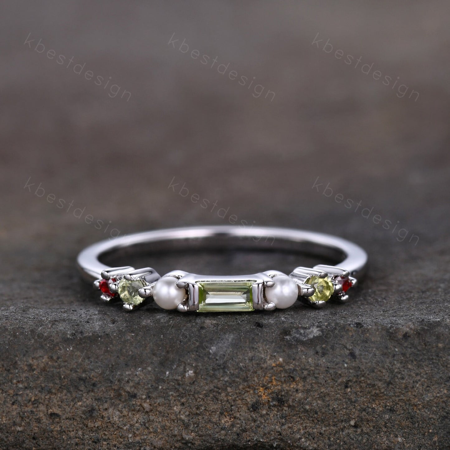 Baguette Peridot Ring,Peridot and Pearl Wedding Band,Sterling Silver Multi Gemstone Ring,Birthstone Jewelry,Gift For Mom,Personalized Gift