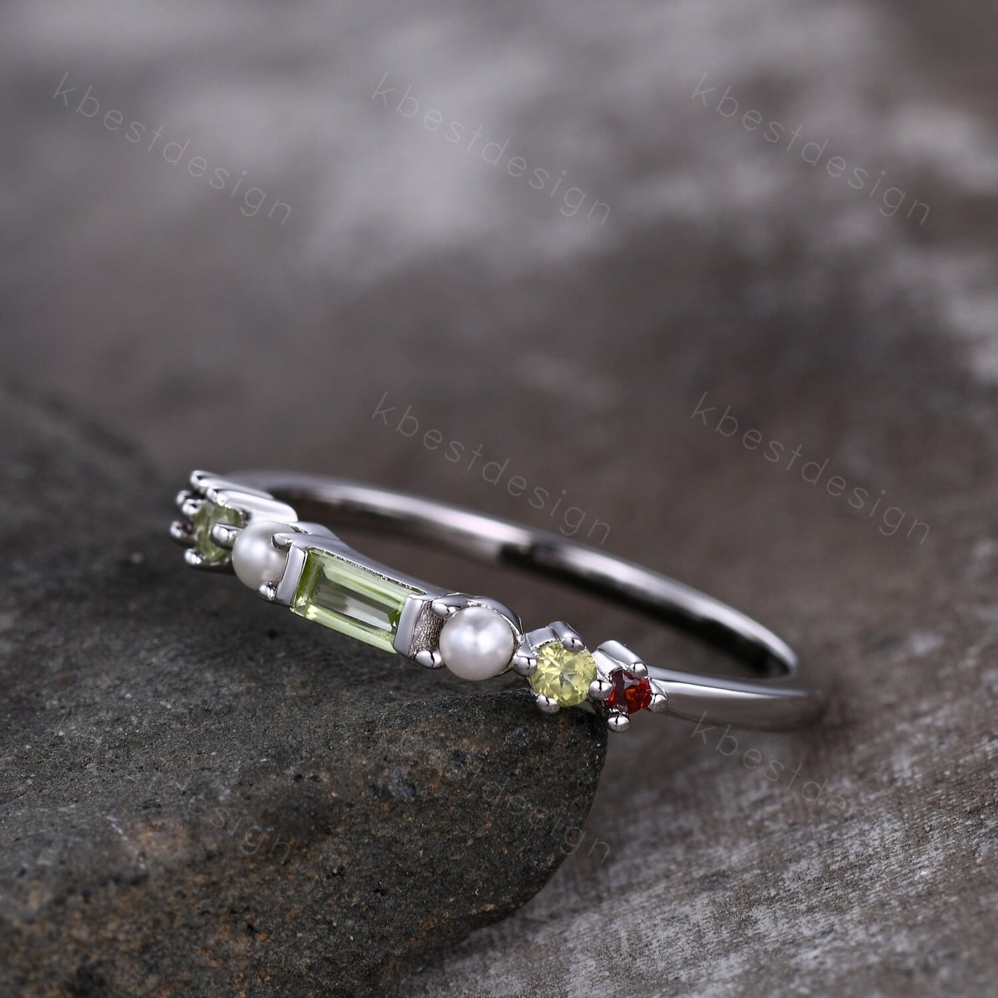 Baguette Peridot Ring,Peridot and Pearl Wedding Band,Sterling Silver Multi Gemstone Ring,Birthstone Jewelry,Gift For Mom,Personalized Gift