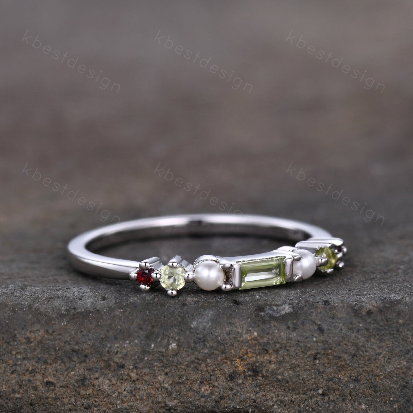 Baguette Peridot Ring,Peridot and Pearl Wedding Band,Sterling Silver Multi Gemstone Ring,Birthstone Jewelry,Gift For Mom,Personalized Gift