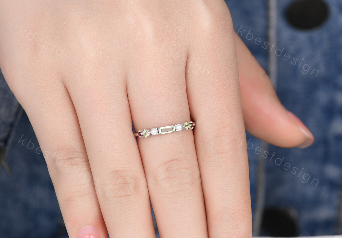 Baguette Peridot Ring,Peridot and Pearl Wedding Band,Sterling Silver Multi Gemstone Ring,Birthstone Jewelry,Gift For Mom,Personalized Gift