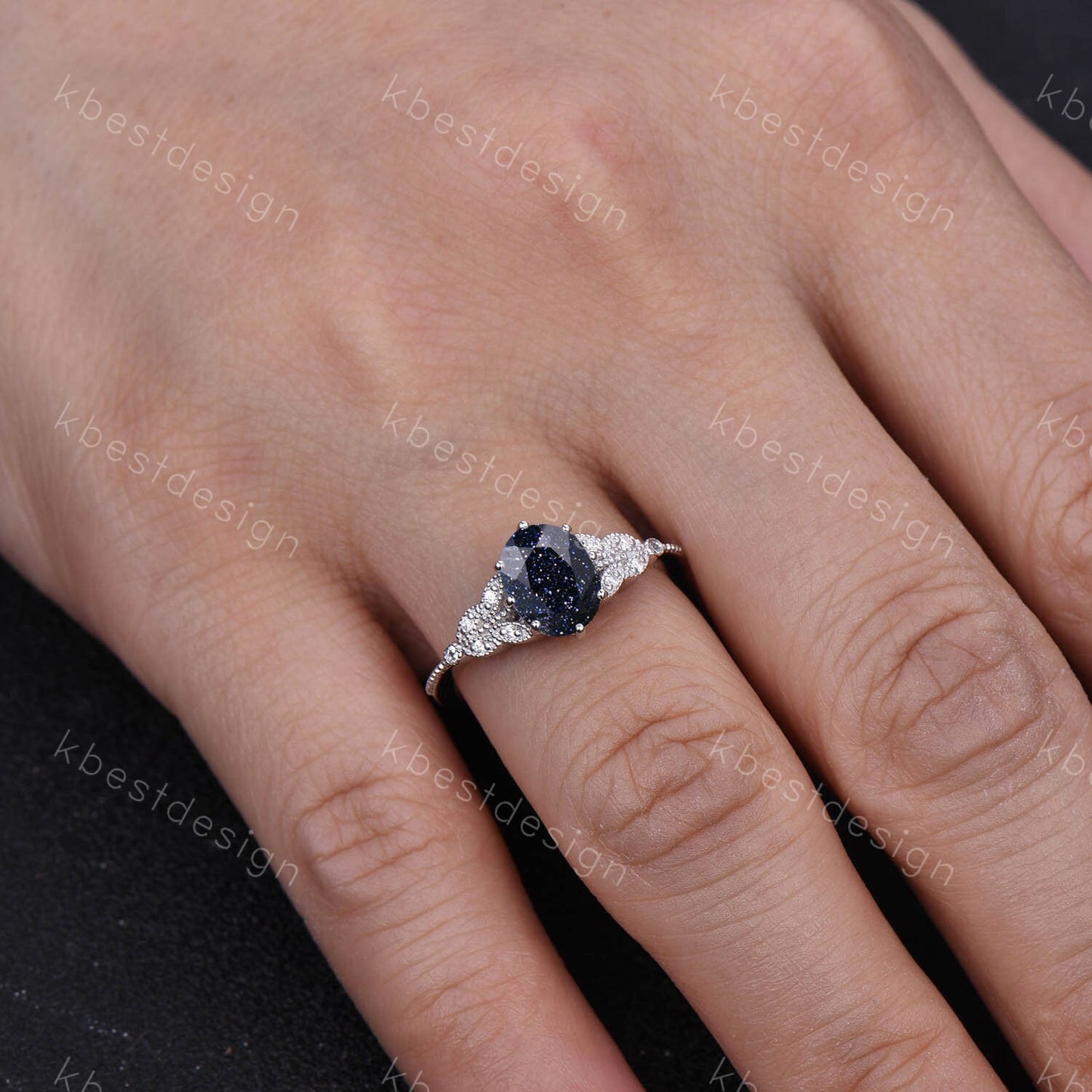 Galaxy Sandstone Ring Oval Blue Sandstone Engagement Ring Sterling Silver Ring Unique Art Deco Bridal Wedding Ring Promise Anniversary Ring