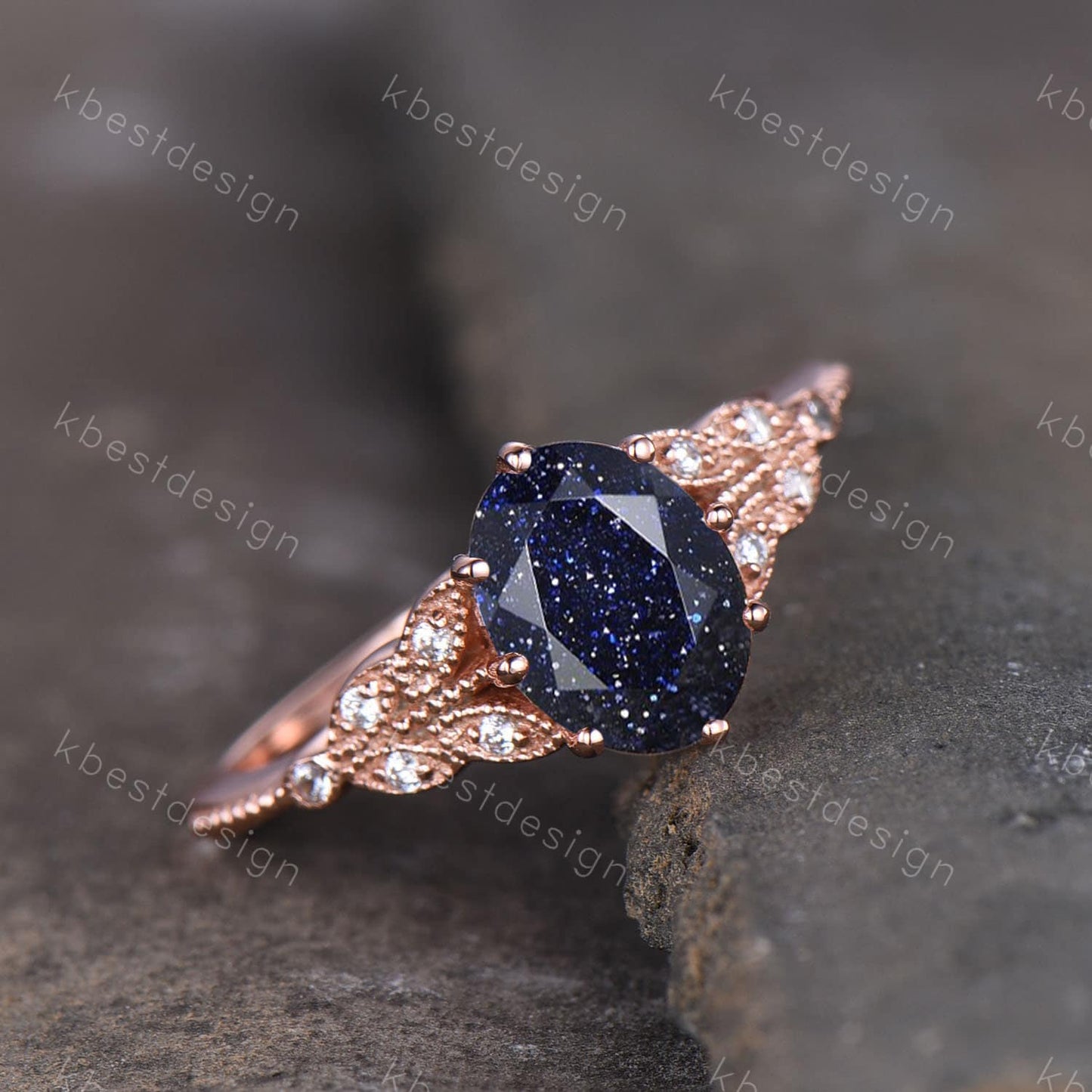 Galaxy Sandstone Ring Oval Blue Sandstone Engagement Ring Sterling Silver Ring Unique Art Deco Bridal Wedding Ring Promise Anniversary Ring