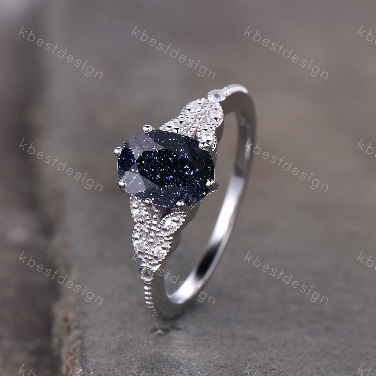 Galaxy Sandstone Ring Oval Blue Sandstone Engagement Ring Sterling Silver Ring Unique Art Deco Bridal Wedding Ring Promise Anniversary Ring