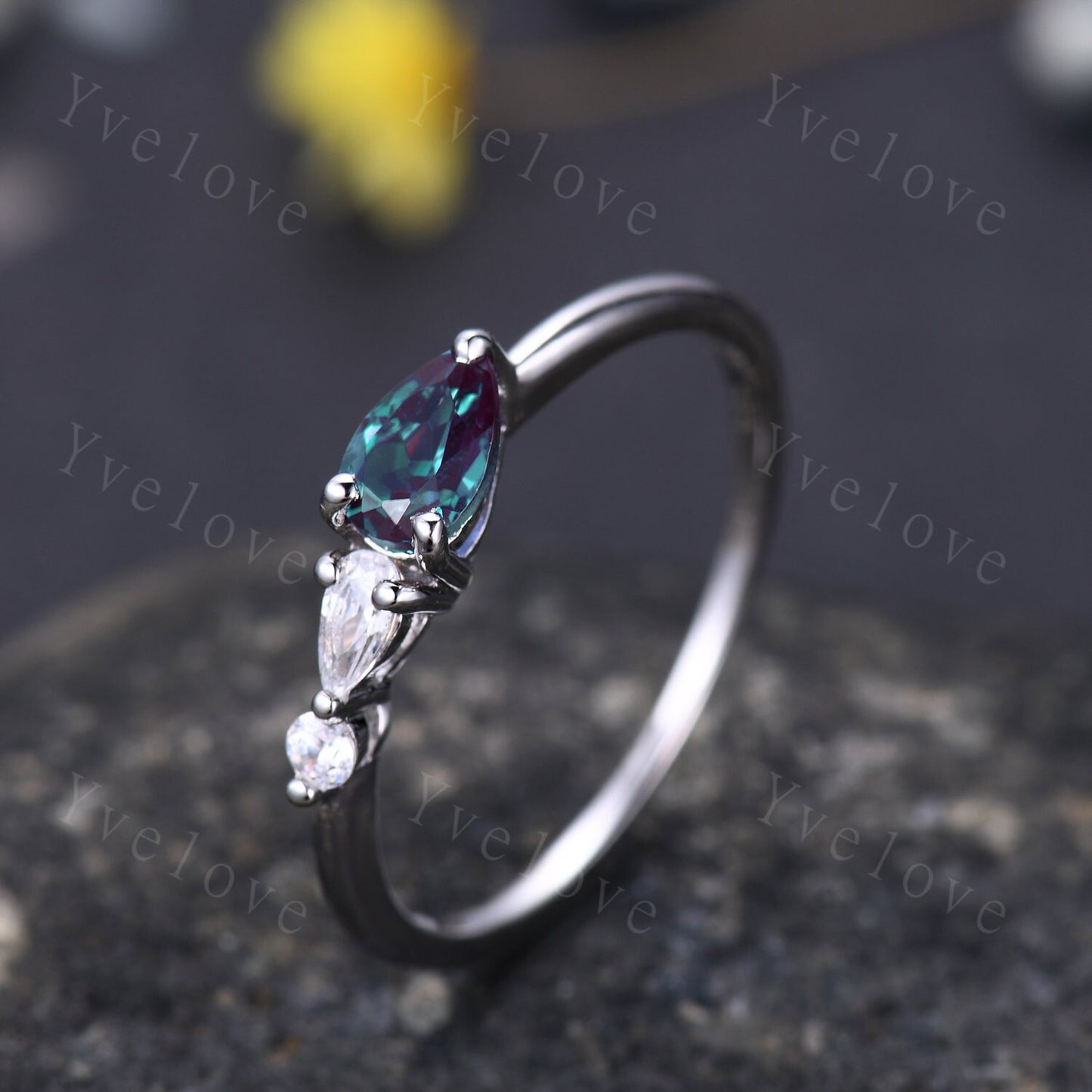 Vintage Alexandrite Engagement Ring,Pear Cut Gems,Art Deco Moissanite Wedding Band,3 Stone Unique Women Bridal Promise Ring,Yellow Gold Ring