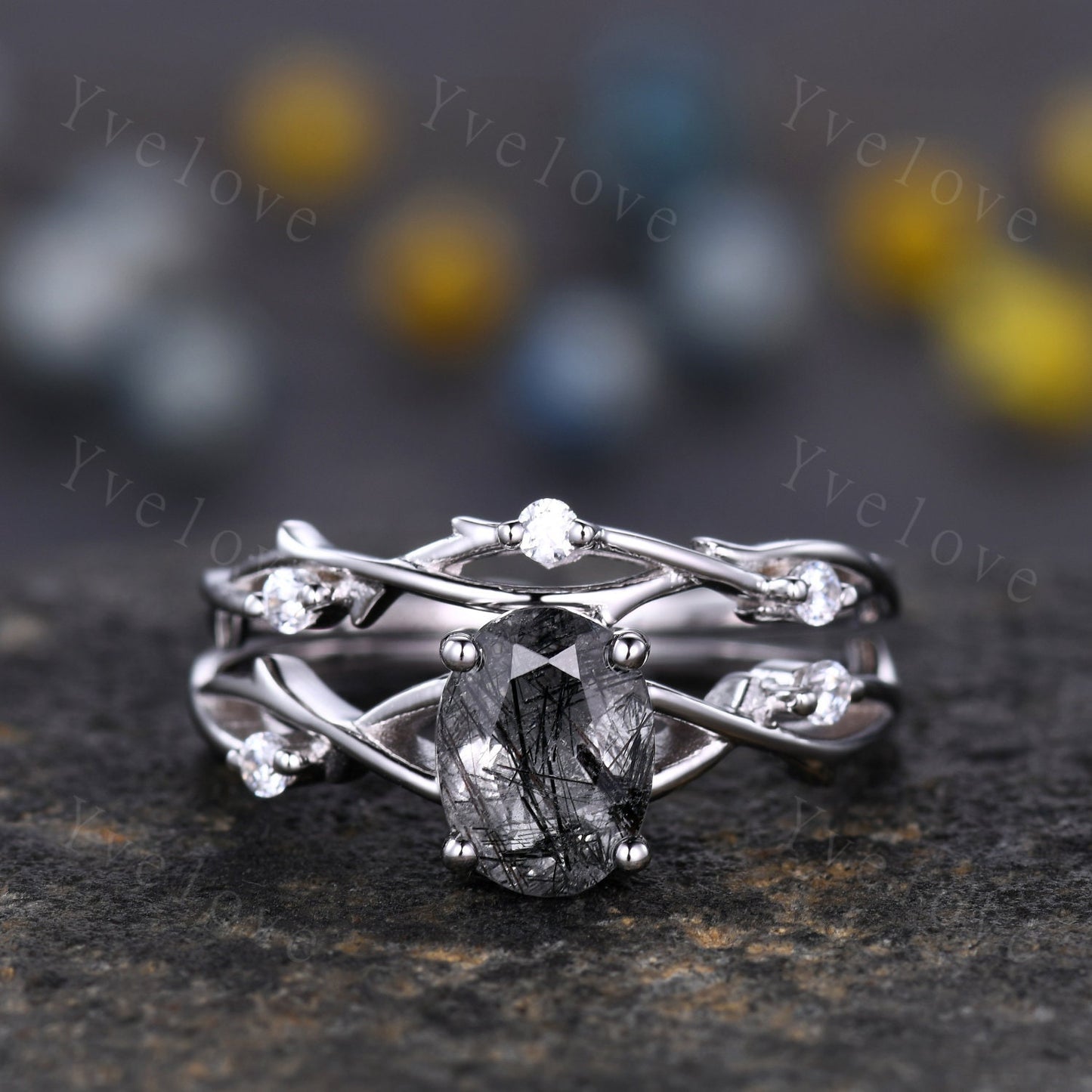 Twig Black Rutilated Quartz Engagement Ring,Oval Vintage Leaf Diamond Ring,Branch Ring,White Gold,Twisted Ring Women Promise Bridal Set Gift