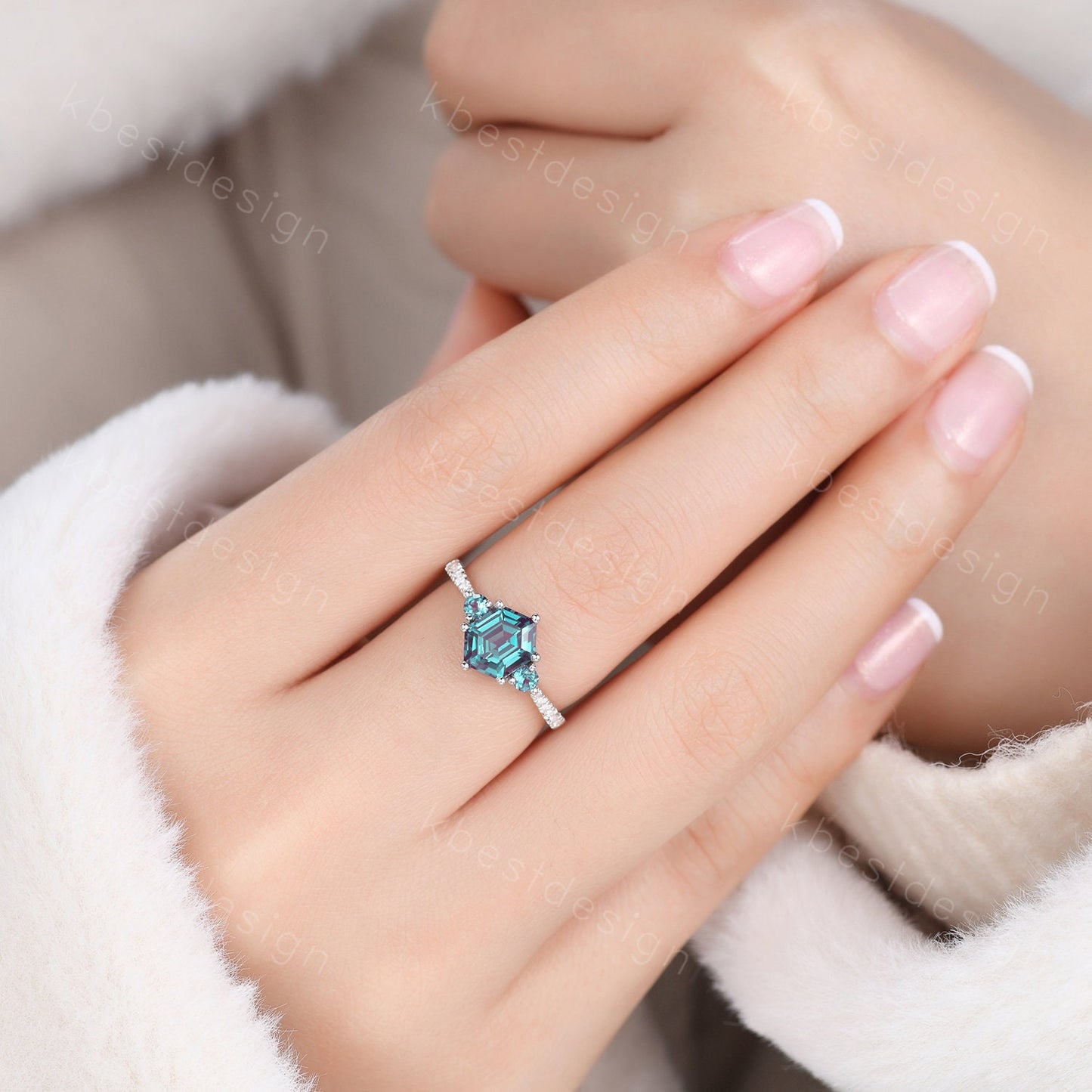 Unique Hexagon Cut Alexandrite Engagement Ring Set Women White Gold Rings Vintage Three Stone Bridal Wedding Set Promise Anniversary Gift