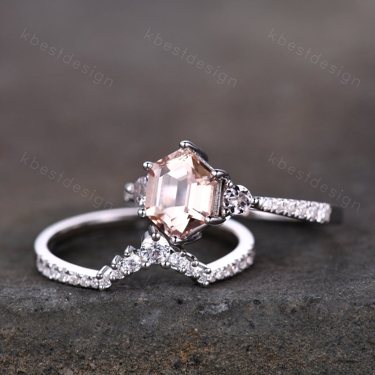 Vintage Morganite Engagement Ring Set Hexagon Cut Morganite Ring Unique Curved Stacking Matching Band Promise Ring Bridal Set Silver Rings