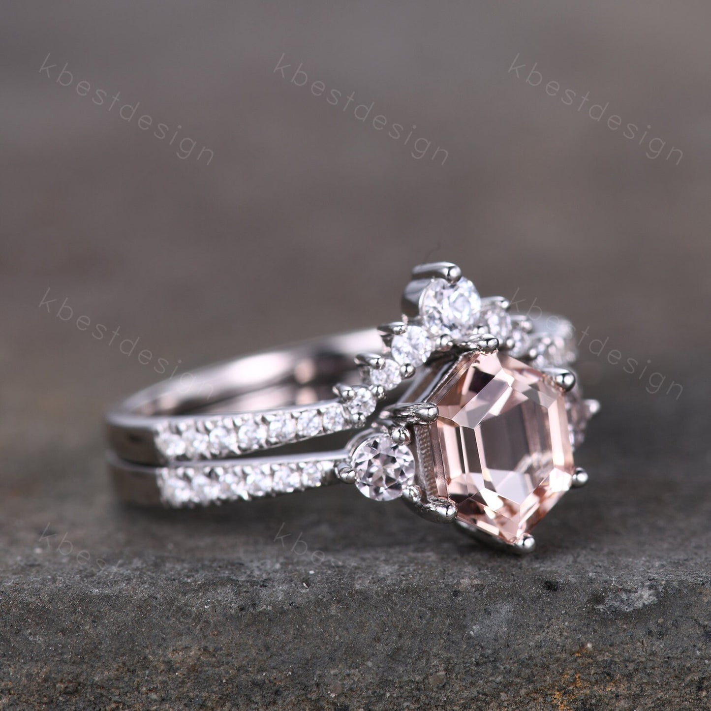 Vintage Morganite Engagement Ring Set Hexagon Cut Morganite Ring Unique Curved Stacking Matching Band Promise Ring Bridal Set Silver Rings