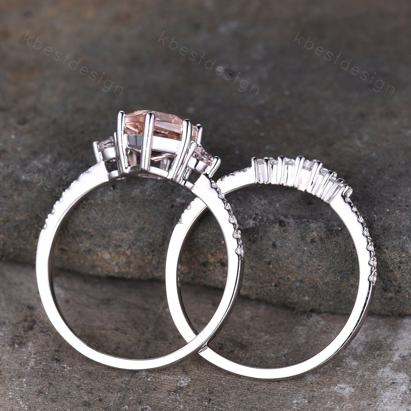 Vintage Morganite Engagement Ring Set Hexagon Cut Morganite Ring Unique Curved Stacking Matching Band Promise Ring Bridal Set Silver Rings