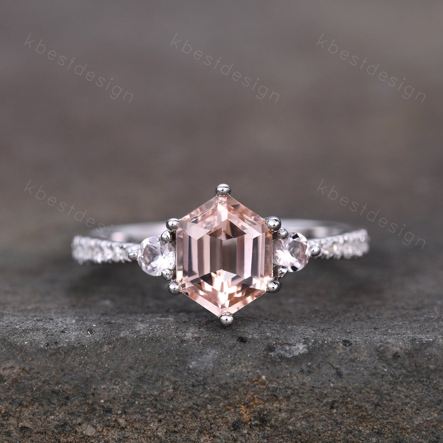 Vintage Morganite Engagement Ring Set Hexagon Cut Morganite Ring Unique Curved Stacking Matching Band Promise Ring Bridal Set Silver Rings