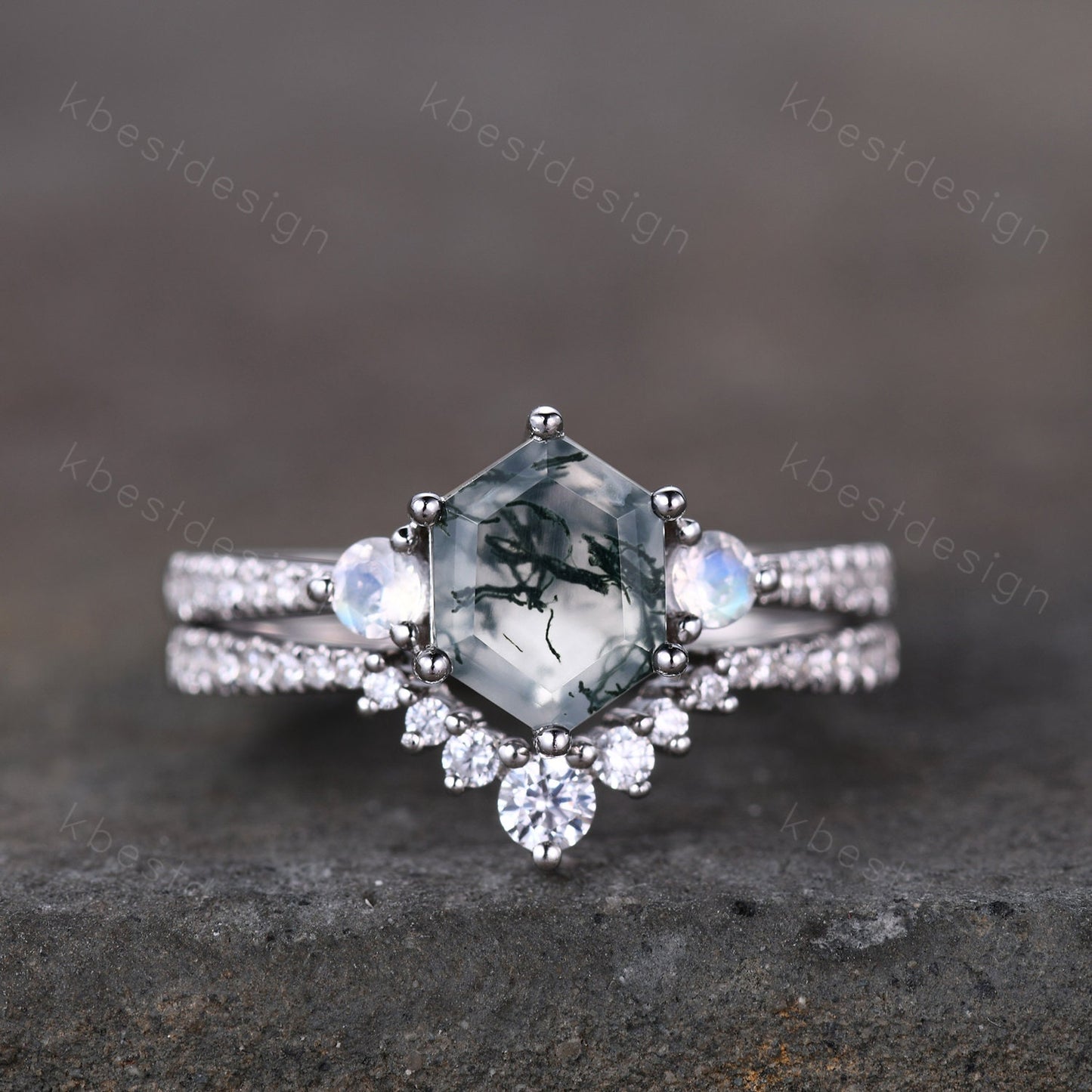Vintage green moss agate engagement ring set hexagon cut ring unique moonstone wedding ring art deco curved stacking ring bridal wedding set