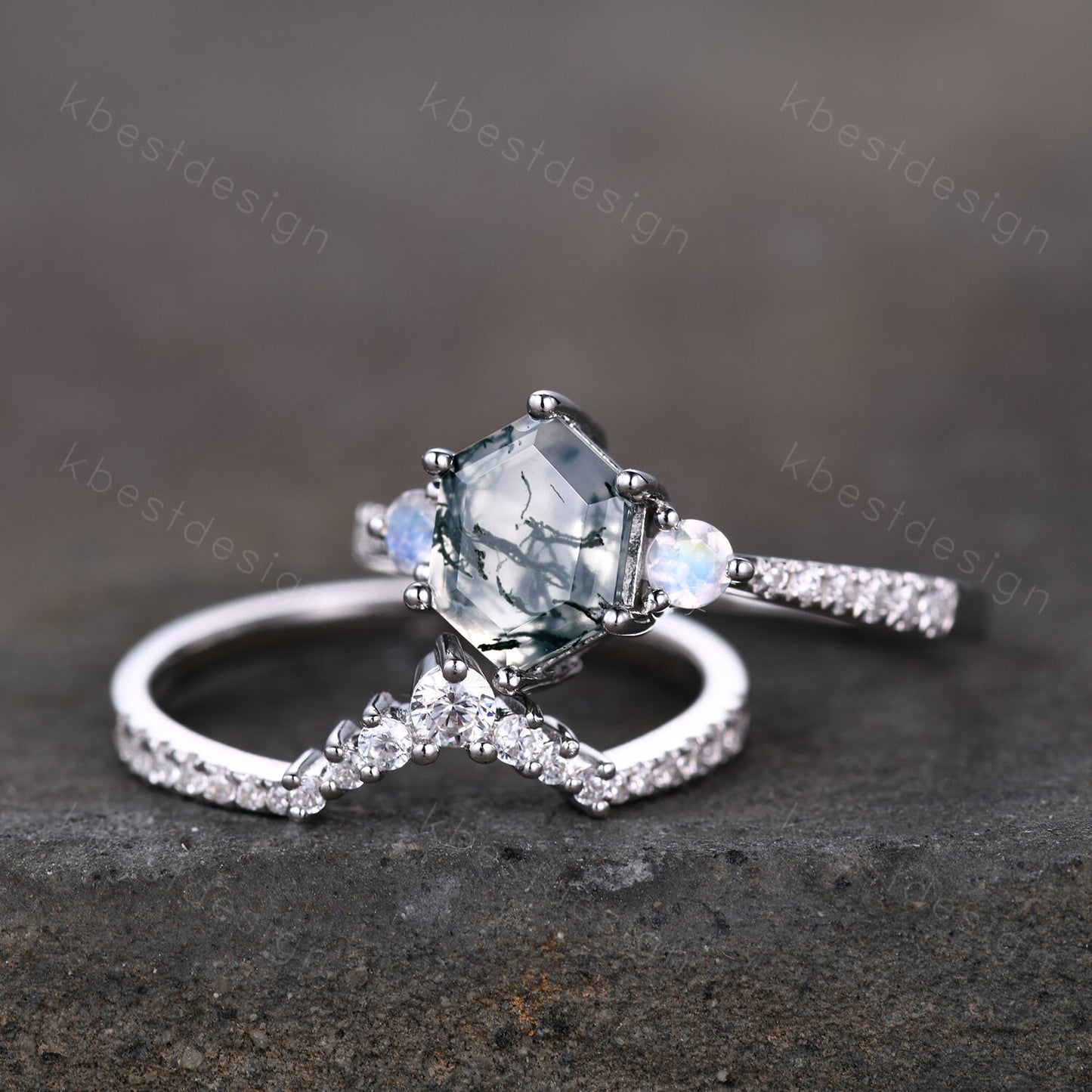 Vintage green moss agate engagement ring set hexagon cut ring unique moonstone wedding ring art deco curved stacking ring bridal wedding set