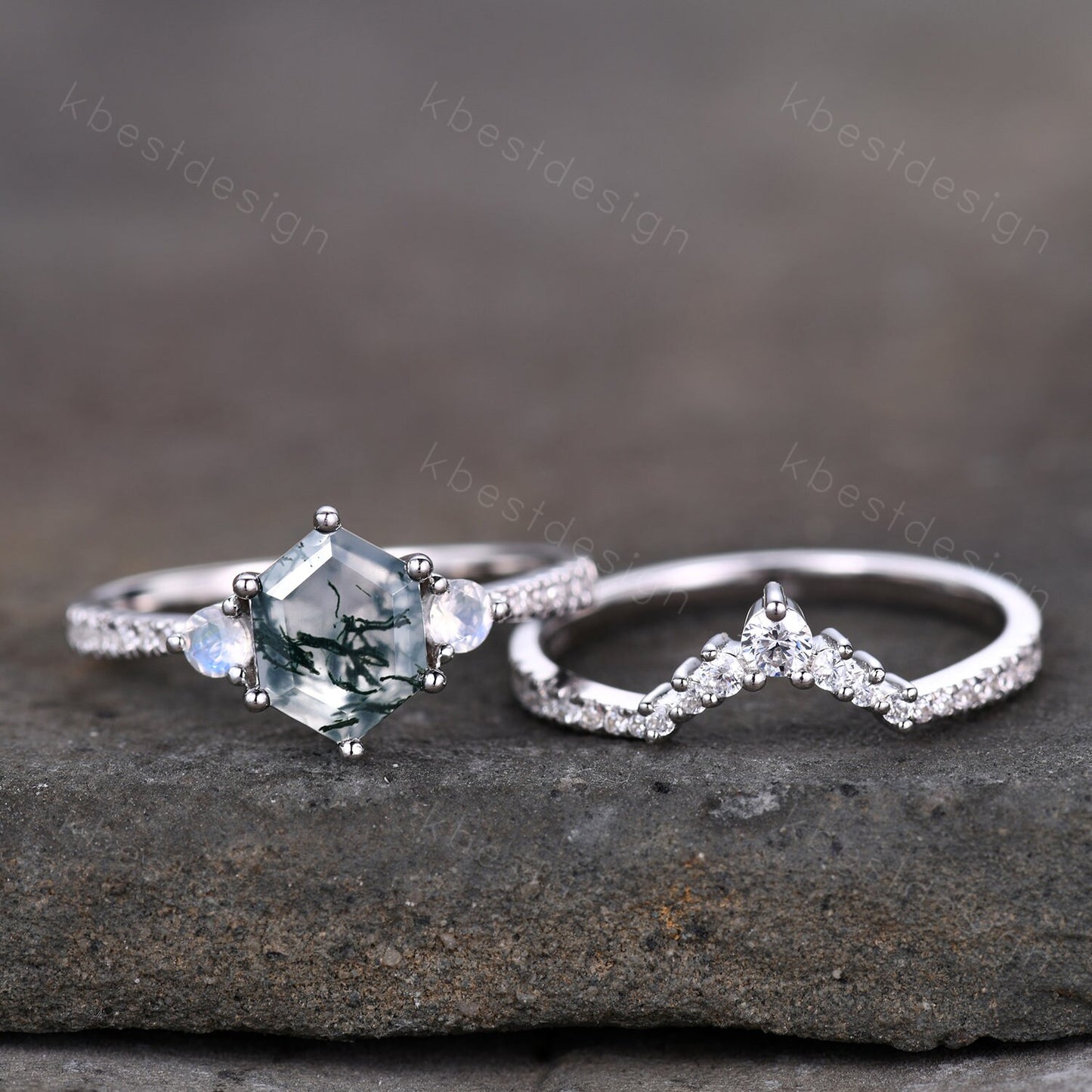 Vintage green moss agate engagement ring set hexagon cut ring unique moonstone wedding ring art deco curved stacking ring bridal wedding set
