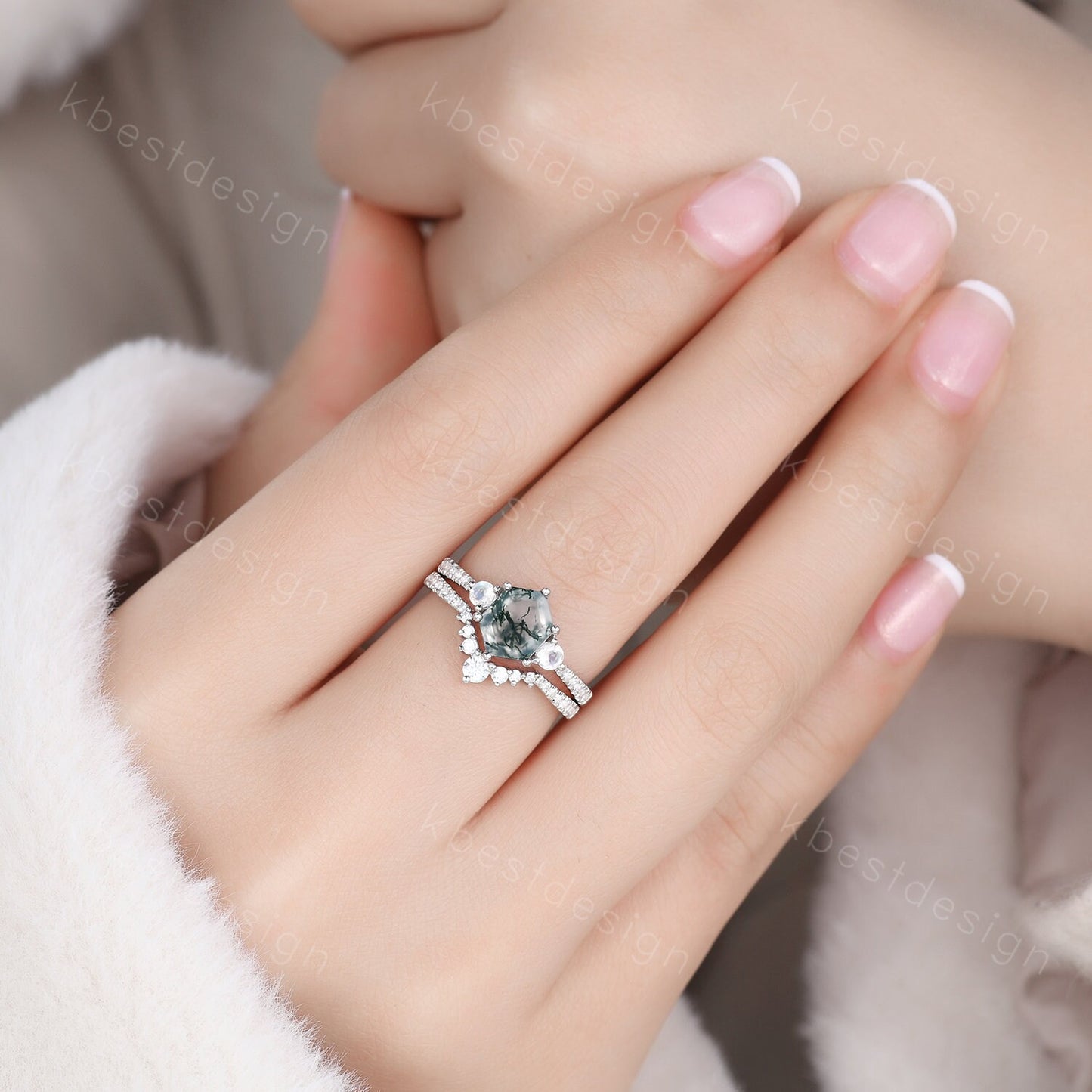 Vintage green moss agate engagement ring set hexagon cut ring unique moonstone wedding ring art deco curved stacking ring bridal wedding set
