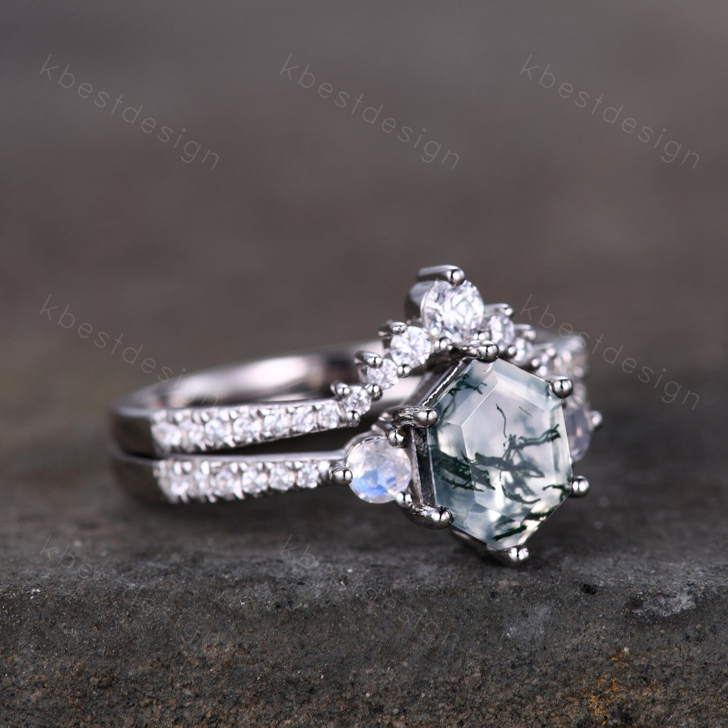 Vintage green moss agate engagement ring set hexagon cut ring unique moonstone wedding ring art deco curved stacking ring bridal wedding set