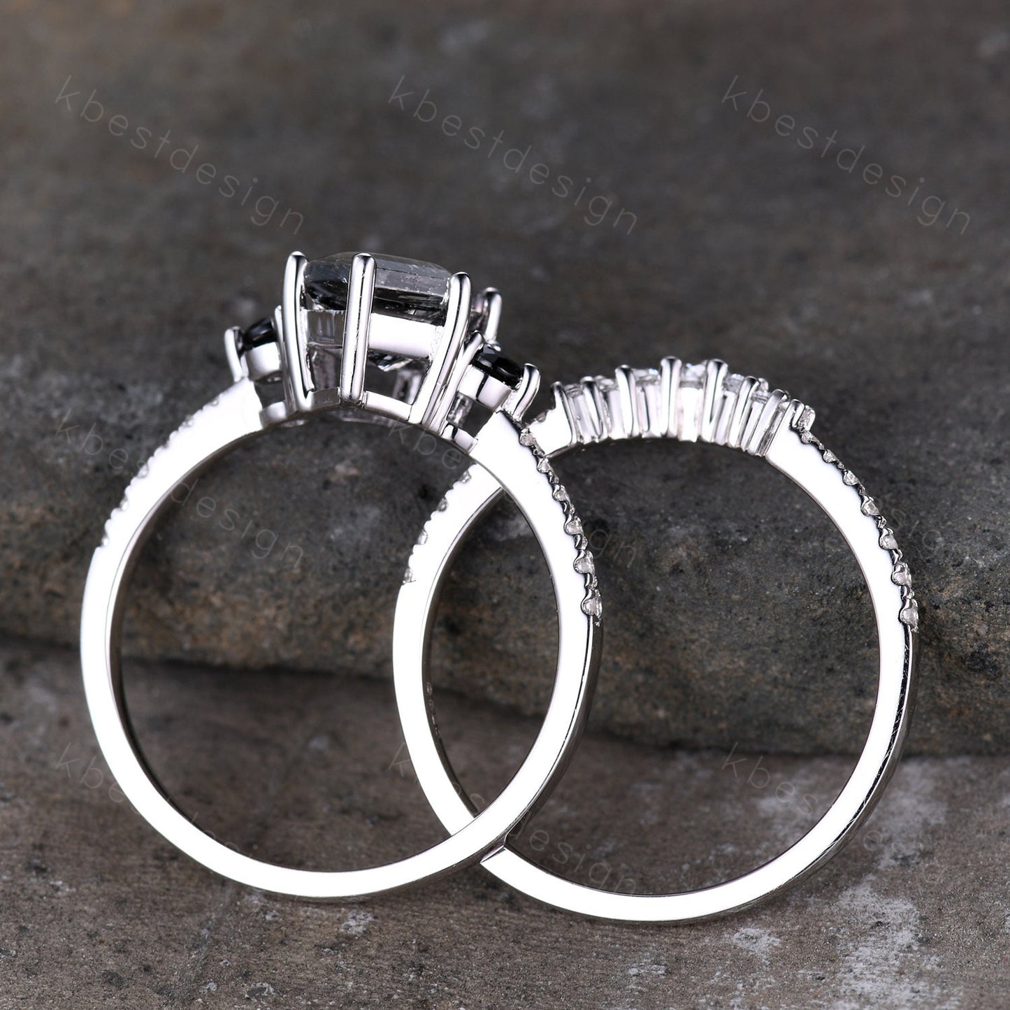 Vintage black rutilated quartz engagement ring sterling silver wedding ring set art deco women stacking ring unique bridal wedding ring set