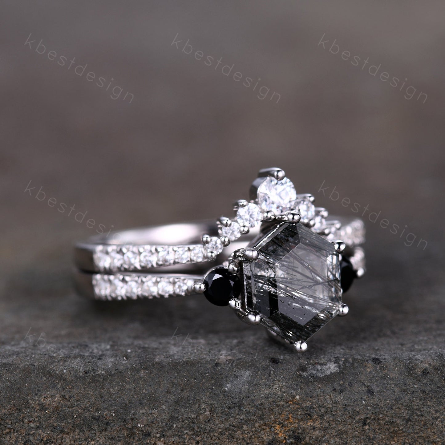 Vintage black rutilated quartz engagement ring sterling silver wedding ring set art deco women stacking ring unique bridal wedding ring set