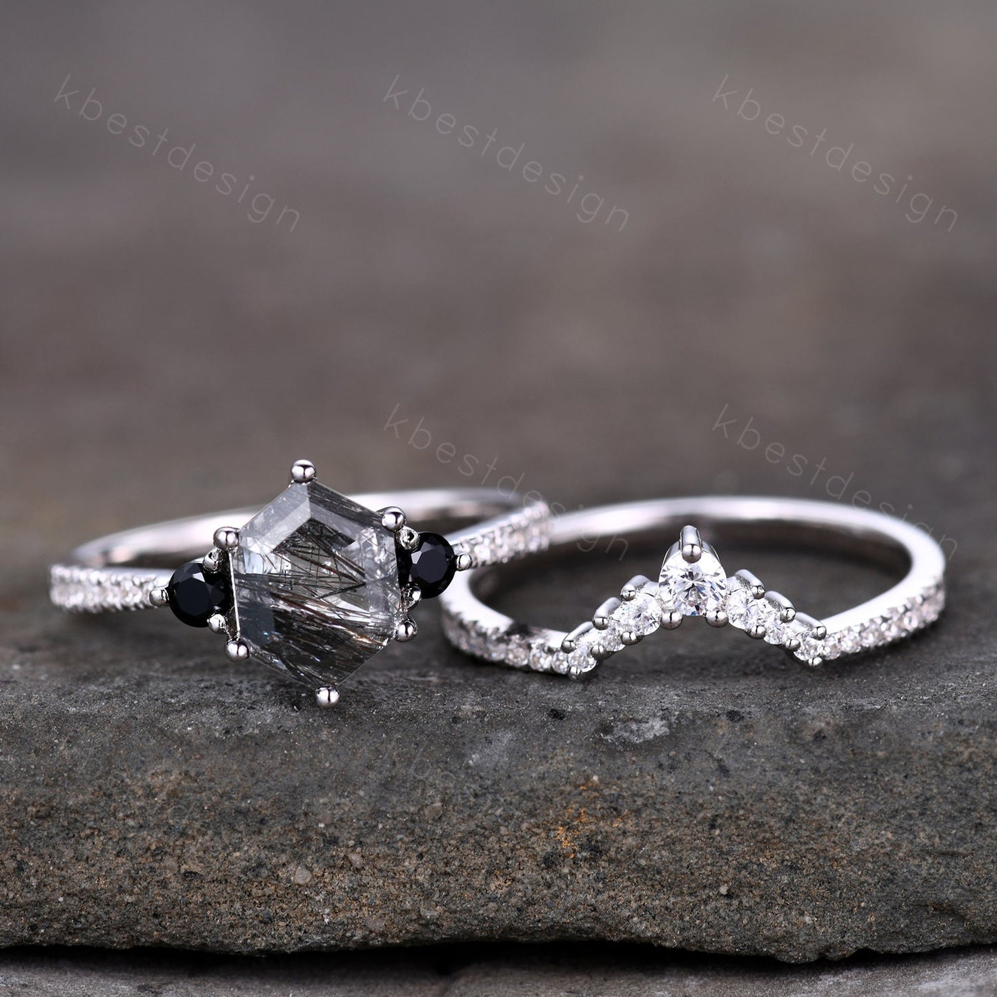 Vintage black rutilated quartz engagement ring sterling silver wedding ring set art deco women stacking ring unique bridal wedding ring set