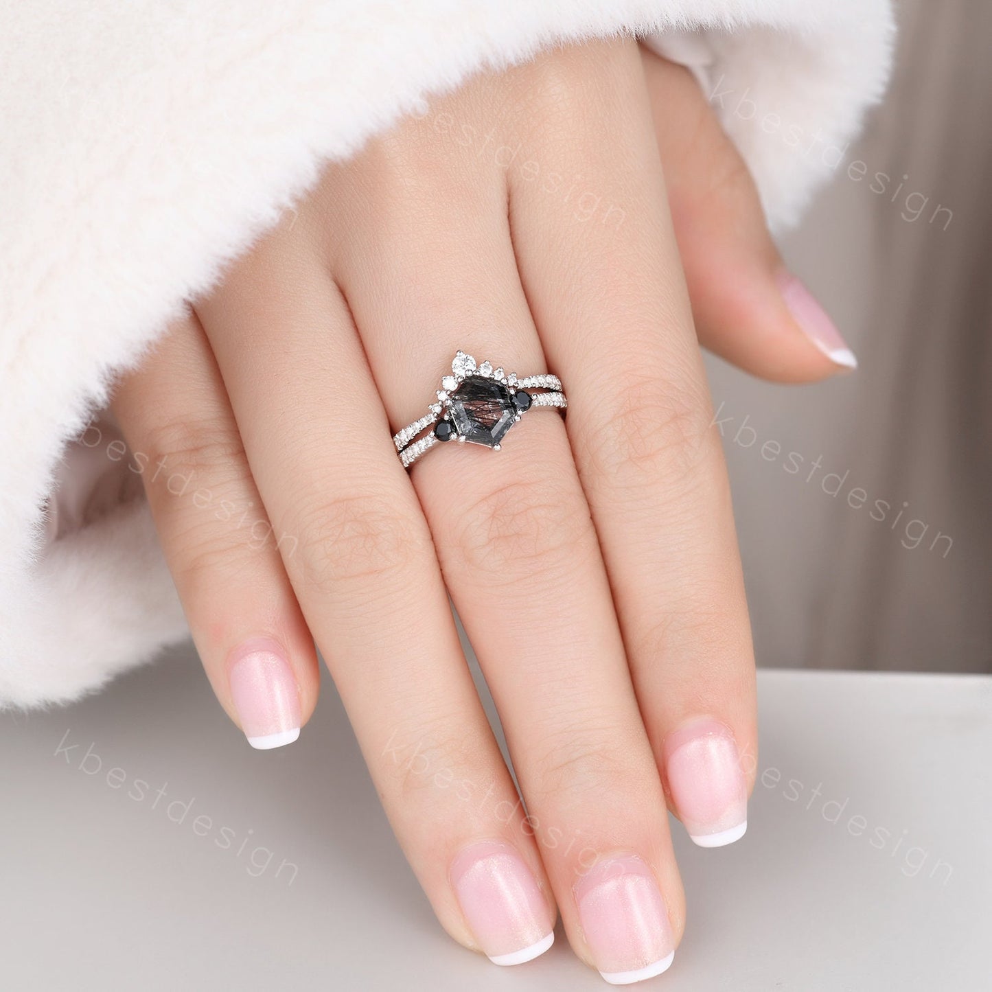 Vintage black rutilated quartz engagement ring sterling silver wedding ring set art deco women stacking ring unique bridal wedding ring set