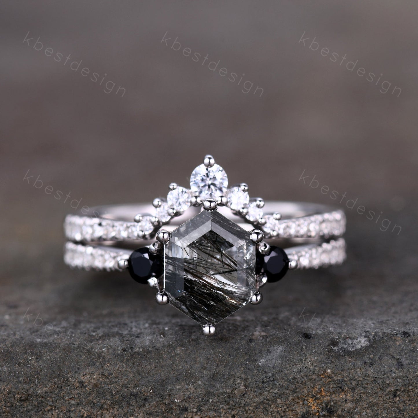 Vintage black rutilated quartz engagement ring sterling silver wedding ring set art deco women stacking ring unique bridal wedding ring set