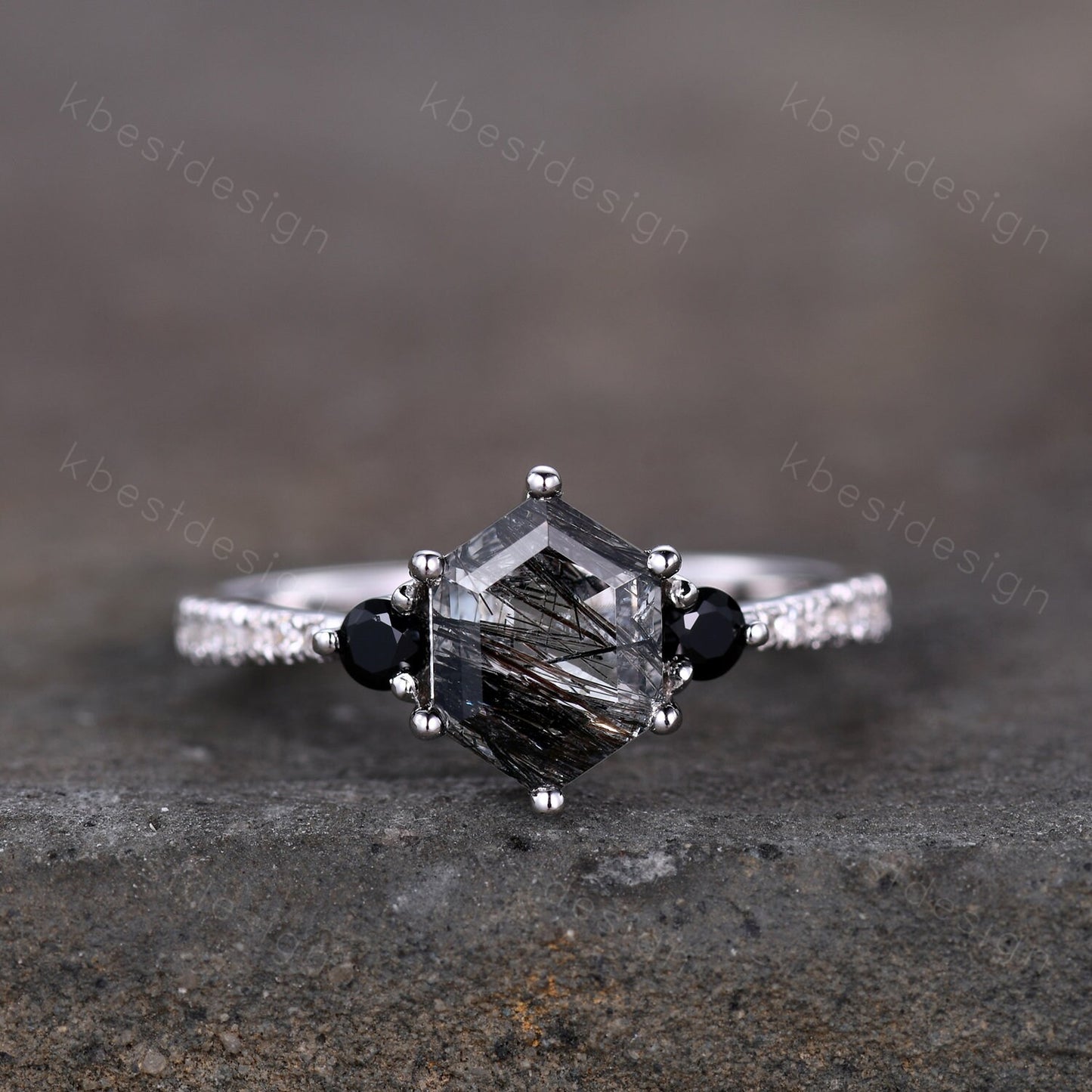 Vintage black rutilated quartz engagement ring sterling silver wedding ring set art deco women stacking ring unique bridal wedding ring set
