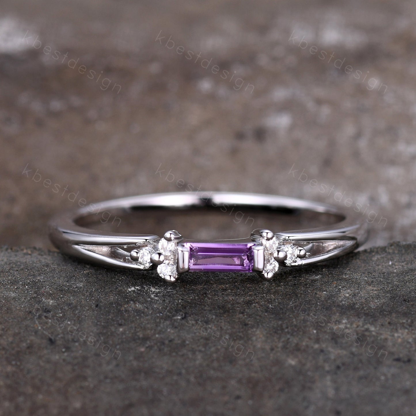 Baguette Amethyst Ring, Purple Amethyst Wedding Ring, Sterling Silver Wedding Band, Dainty Ring, February Birthstone Ring, Anniversary Gift