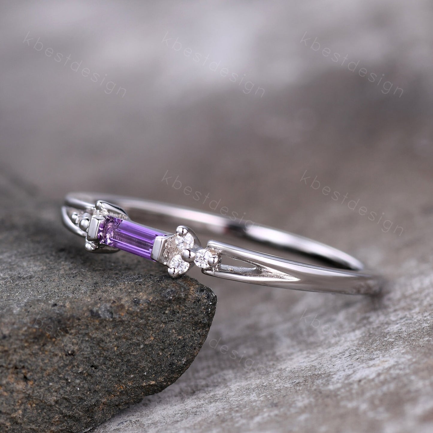 Baguette Amethyst Ring, Purple Amethyst Wedding Ring, Sterling Silver Wedding Band, Dainty Ring, February Birthstone Ring, Anniversary Gift
