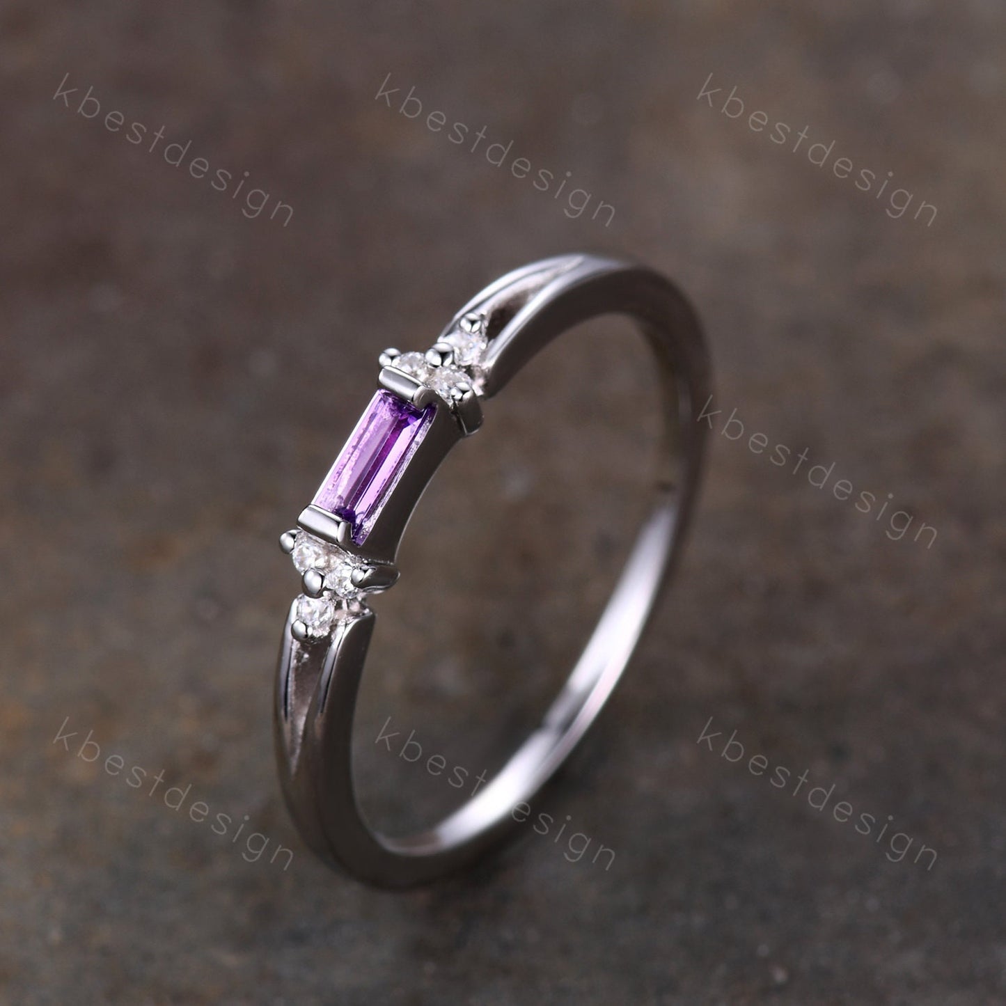 Baguette Amethyst Ring, Purple Amethyst Wedding Ring, Sterling Silver Wedding Band, Dainty Ring, February Birthstone Ring, Anniversary Gift
