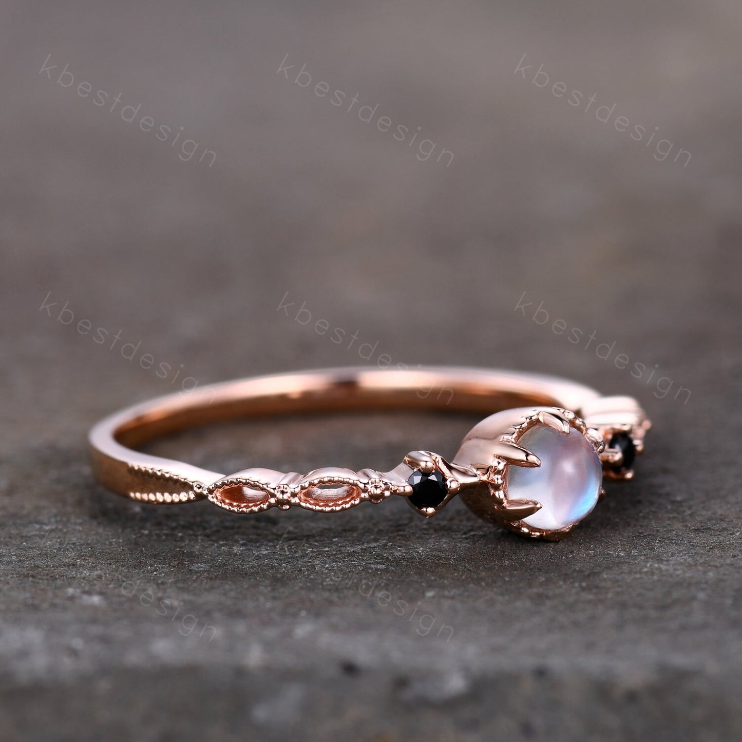 Dainty Rainbow Moonstone Engagement Ring Rose Gold Black Spinel Wedding Ring Art Deco Unique Bridal ring Promise Anniversary ring