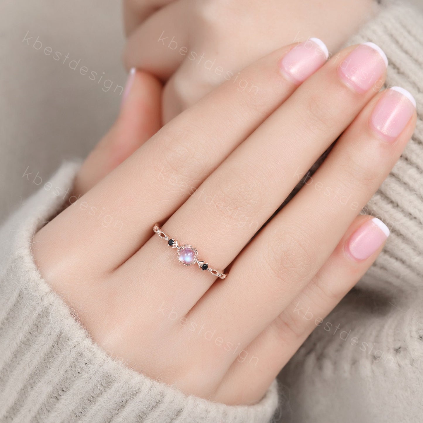 Dainty Rainbow Moonstone Engagement Ring Rose Gold Black Spinel Wedding Ring Art Deco Unique Bridal ring Promise Anniversary ring