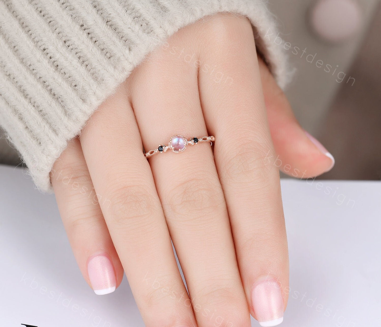 Dainty Rainbow Moonstone Engagement Ring Rose Gold Black Spinel Wedding Ring Art Deco Unique Bridal ring Promise Anniversary ring